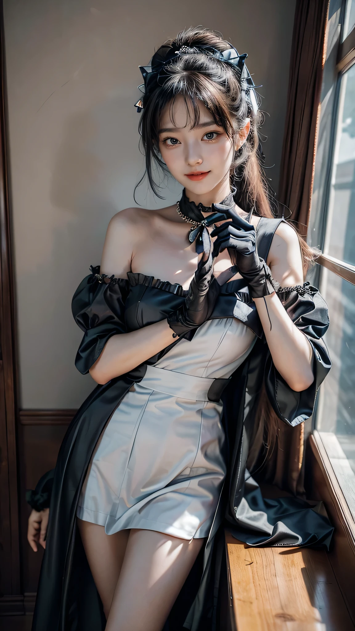 type 95, 1girl, type 95 (girls' frontline), solo,
shirt, cape,skirt,pleated skirt,gloves, necktie,ribbon, jacket, pantyhose,hairband,
long hair, hairband, black hair, bangs, blunt bangs, Beauty, beautiful女人,Have a perfect body:1.4,Layered Hairstyle,((Big breasts)), ((D cup)), Visible cleavage,Bare shoulders, Highly detailed face and skin texture,Double eyelids,Skin Whitening,Long hair,Whitening long legs,Standing by the sea, Fashion girl, Red lips, Sweet maiden, beautiful妆容, detail, lifelike, Very detailed, amazing, beautiful, Young and energetic, high quality,High Definition, rich and colorful,Exquisite, Smooth skin, The skirt is short, Lift the skirt with your hands, Elegant and charming posture, Official Art, Extremely detailed, Movie atmosphere, Soft colors, Natural skin texture,