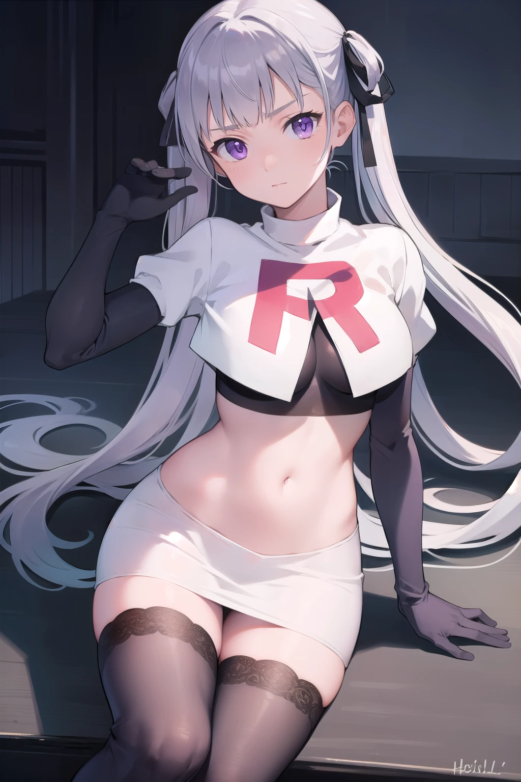 noellesilva, noelle silva, hair ribbon, long hair, (purple eyes:1.1), silver hair, twintails,
BREAK team rocket,team rocket uniform,white skirt,red letter R,crop top,black thigh-highs,black elbow gloves,
BREAK looking at viewer,
BREAK (masterpiece:1.2), best quality, high resolution, unity 8k wallpaper, (illustration:0.8), (beautiful detailed eyes:1.6), extremely detailed face, perfect lighting, extremely detailed CG, (perfect hands, perfect anatomy),