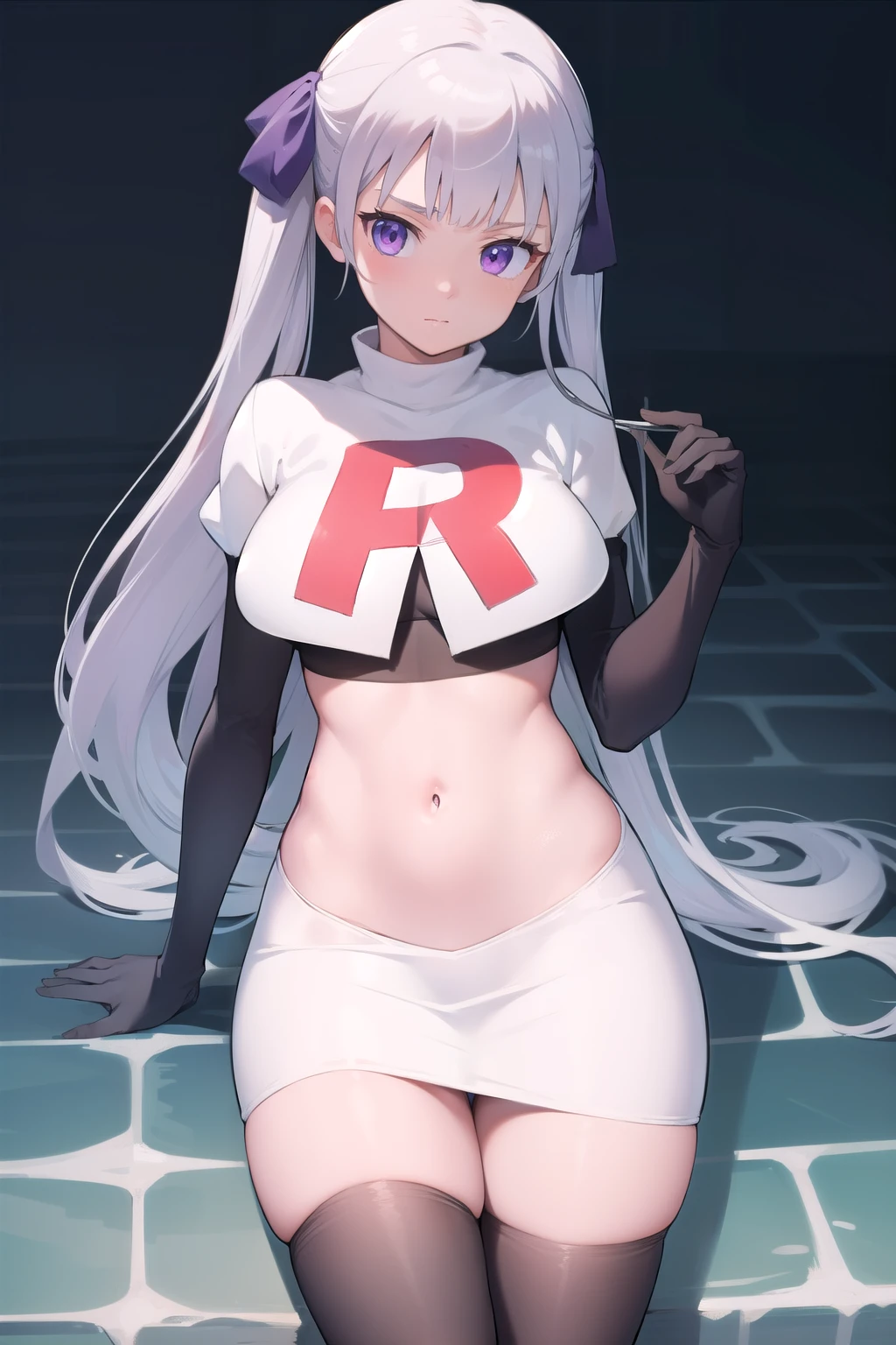 noellesilva, noelle silva, hair ribbon, long hair, (purple eyes:1.1), silver hair, twintails,
BREAK team rocket,team rocket uniform,white skirt,red letter R,crop top,black thigh-highs,black elbow gloves,
BREAK looking at viewer,
BREAK (masterpiece:1.2), best quality, high resolution, unity 8k wallpaper, (illustration:0.8), (beautiful detailed eyes:1.6), extremely detailed face, perfect lighting, extremely detailed CG, (perfect hands, perfect anatomy),