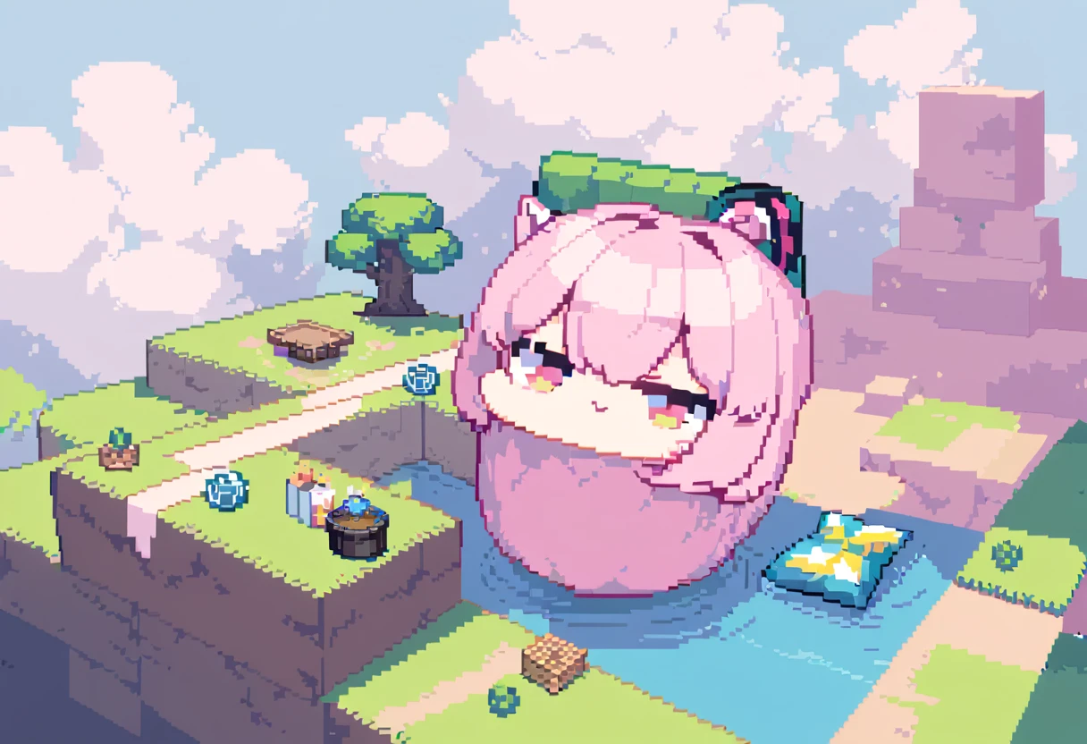 (Masterpiece Best Quality:1.3,  pixel art:1.8,  and Minecraft ,  and Minecraft の世界観, 1girl, Pink fluffy hair, Ram&#39;s horn, Thick eyebrows,  pink dress,  sky blue cardigan,  brown boots , Building a wooden house , grassland, Earth like a block, Voxel:1.3