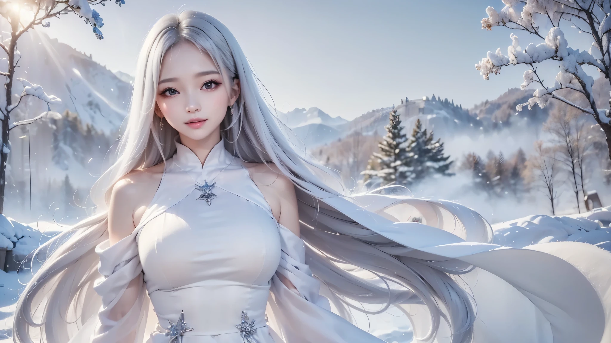 2.8D illustration, ((masterpiece:1.5、8k、Portraiture、フォトリアリスティックでVery detailedなCG、Very detailed、Particle Effects、Dynamic Effects、Shallow depth of field、Cinematic Light、Lens flare、Ray Tracing、Tabletop、Realistic:1.4、Ultra-high resolution:1.2、Realistic、Realistic))((alone、,A woman wearing a cashmere coat:1.4、Elegant woman posing、Detailed face:1.5、aqua eyes、Ample breasts、sideboob, Best Looks、Ultimate beauty、Shiny silver hair with highlights、bright and shiny hair,、Super long, Silky straight hair、Hair dancing in the wind))(morning、The setting is outdoors in the snow、Surrounded by illuminations). winter girl. face:sweet girl.
