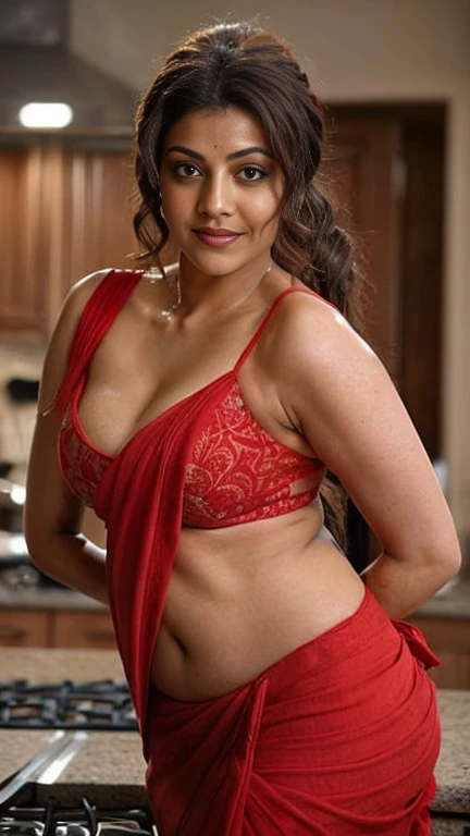 extreme close up photo of naked hindu indian, hourglass figure, big breasts, deep cleavage, in a kitchen, hourglass figure, open arms, sultry, ponytail, look at viewer, draped in red saree, (cinematic:1.3), intricate details, (ArtStation:1.2), slim