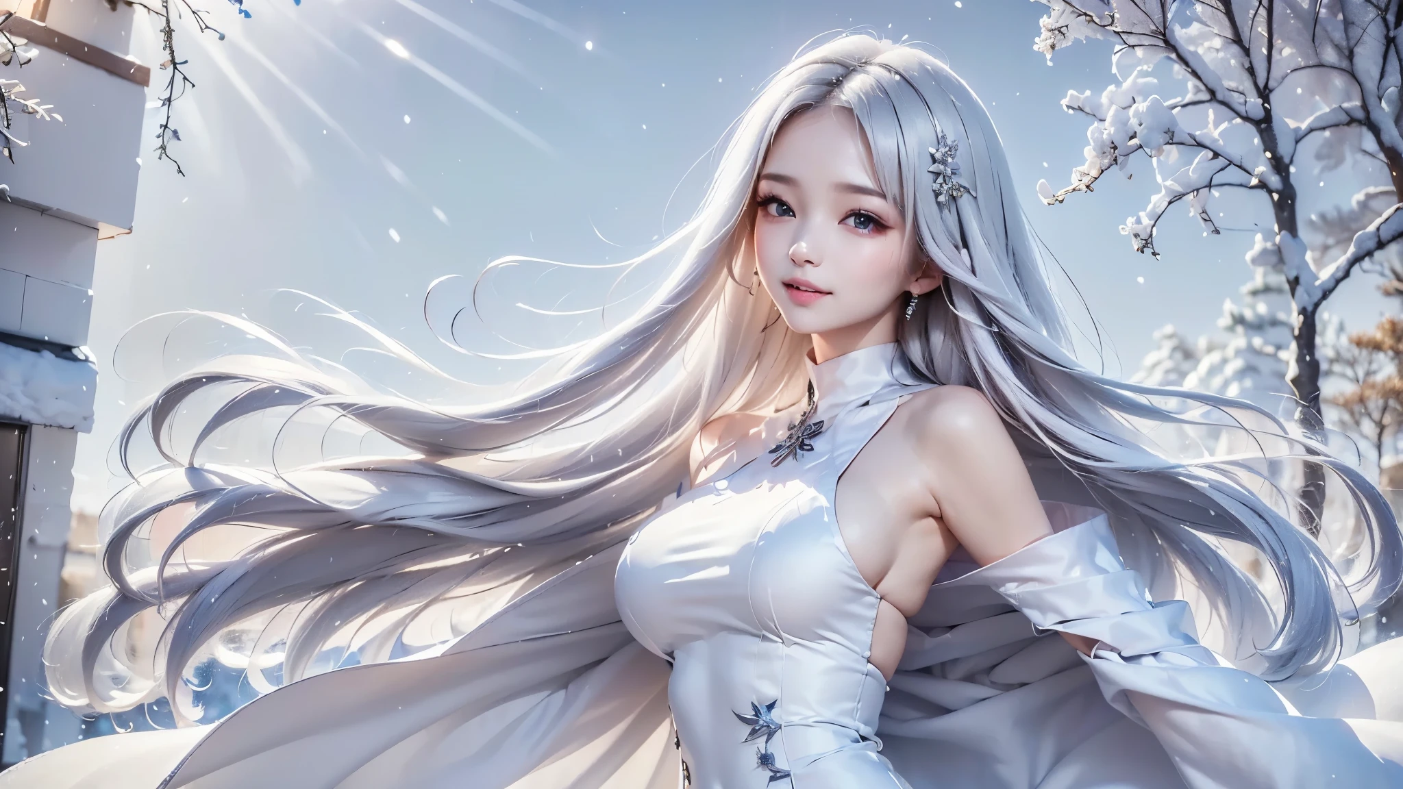 2.8D illustration, ((masterpiece:1.5、8k、Portraiture、フォトリアリスティックでVery detailedなCG、Very detailed、Particle Effects、Dynamic Effects、Shallow depth of field、Cinematic Light、Lens flare、Ray Tracing、Tabletop、Realistic:1.4、Ultra-high resolution:1.2、Realistic、Realistic))((alone、,A woman wearing a cashmere coat:1.4、Elegant woman posing、Detailed face:1.5、aqua eyes、Ample breasts、sideboob, Best Looks、Ultimate beauty、Shiny silver hair with highlights、bright and shiny hair,、Super long, Silky straight hair、Hair dancing in the wind))(morning、The setting is outdoors in the snow、Surrounded by illuminations). winter girl. face:sweet girl.
