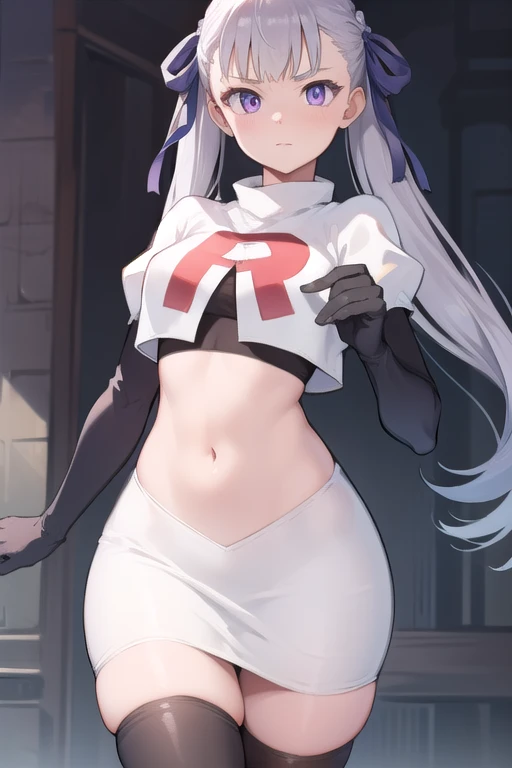 noellesilva, noelle silva, hair ribbon, long hair, (purple eyes:1.1), silver hair, twintails,
BREAK team rocket,team rocket uniform,white skirt,red letter R,crop top,black thigh-highs,black elbow gloves,
BREAK looking at viewer,
BREAK (masterpiece:1.2), best quality, high resolution, unity 8k wallpaper, (illustration:0.8), (beautiful detailed eyes:1.6), extremely detailed face, perfect lighting, extremely detailed CG, (perfect hands, perfect anatomy),