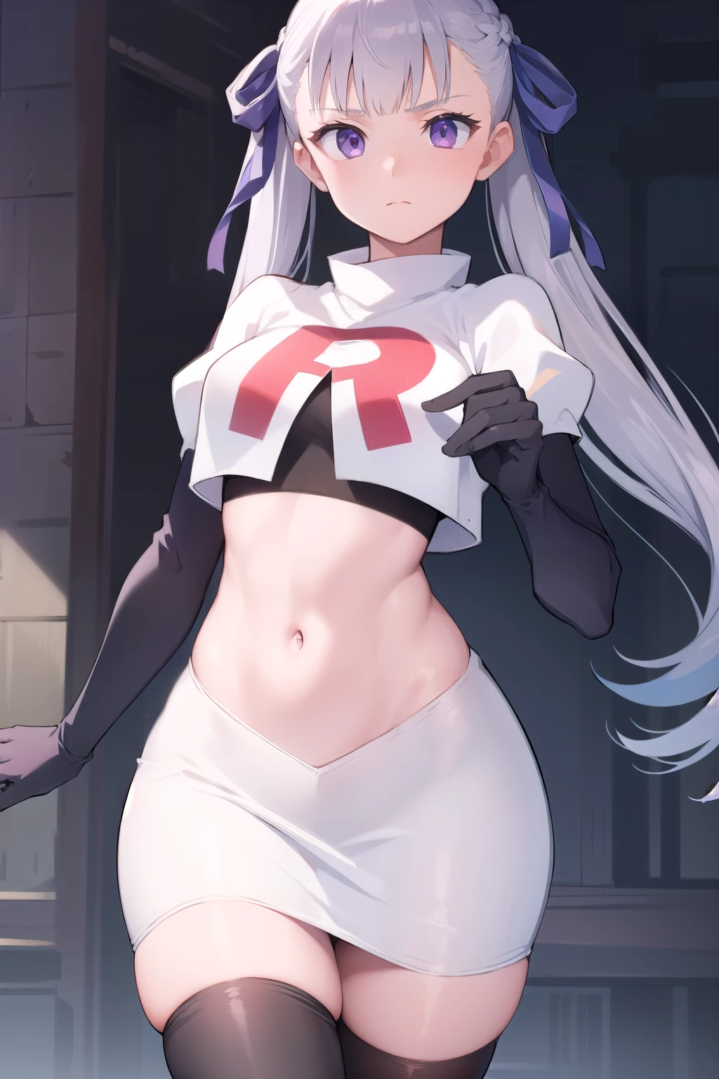 noellesilva, noelle silva, hair ribbon, long hair, (purple eyes:1.1), silver hair, twintails,
BREAK team rocket,team rocket uniform,white skirt,red letter R,crop top,black thigh-highs,black elbow gloves,
BREAK looking at viewer,
BREAK (masterpiece:1.2), best quality, high resolution, unity 8k wallpaper, (illustration:0.8), (beautiful detailed eyes:1.6), extremely detailed face, perfect lighting, extremely detailed CG, (perfect hands, perfect anatomy),