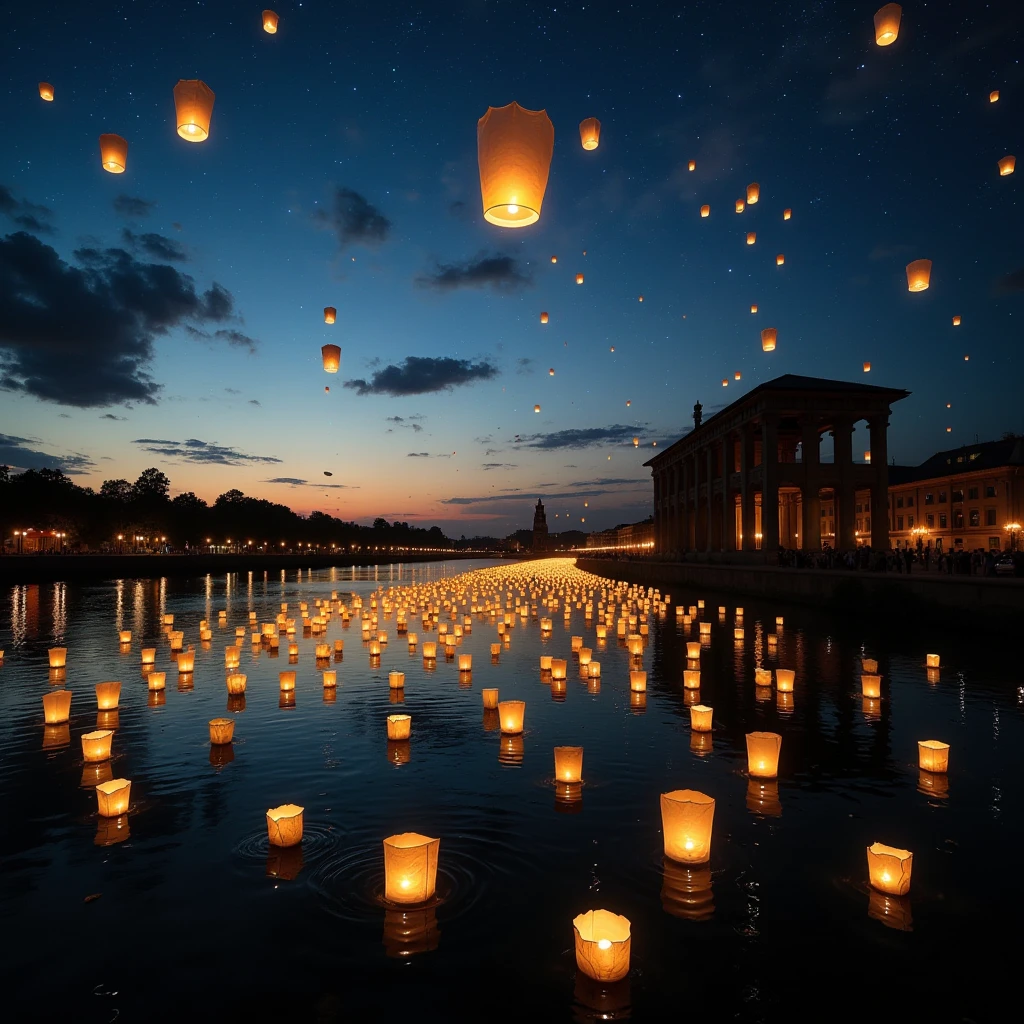 floating paper lanterns in the sky, small lanterns floating down a river, many lanterns floating in the night sky at dusk, lights of the city and lanterns floating in a river, a lone war-damaged building with only a frame left standing in a beautiful cityscape, a war-damaged building frame lit up, people standing by the river offering prayers, a memorial ceremony for fallen soldiers, a festival for peace