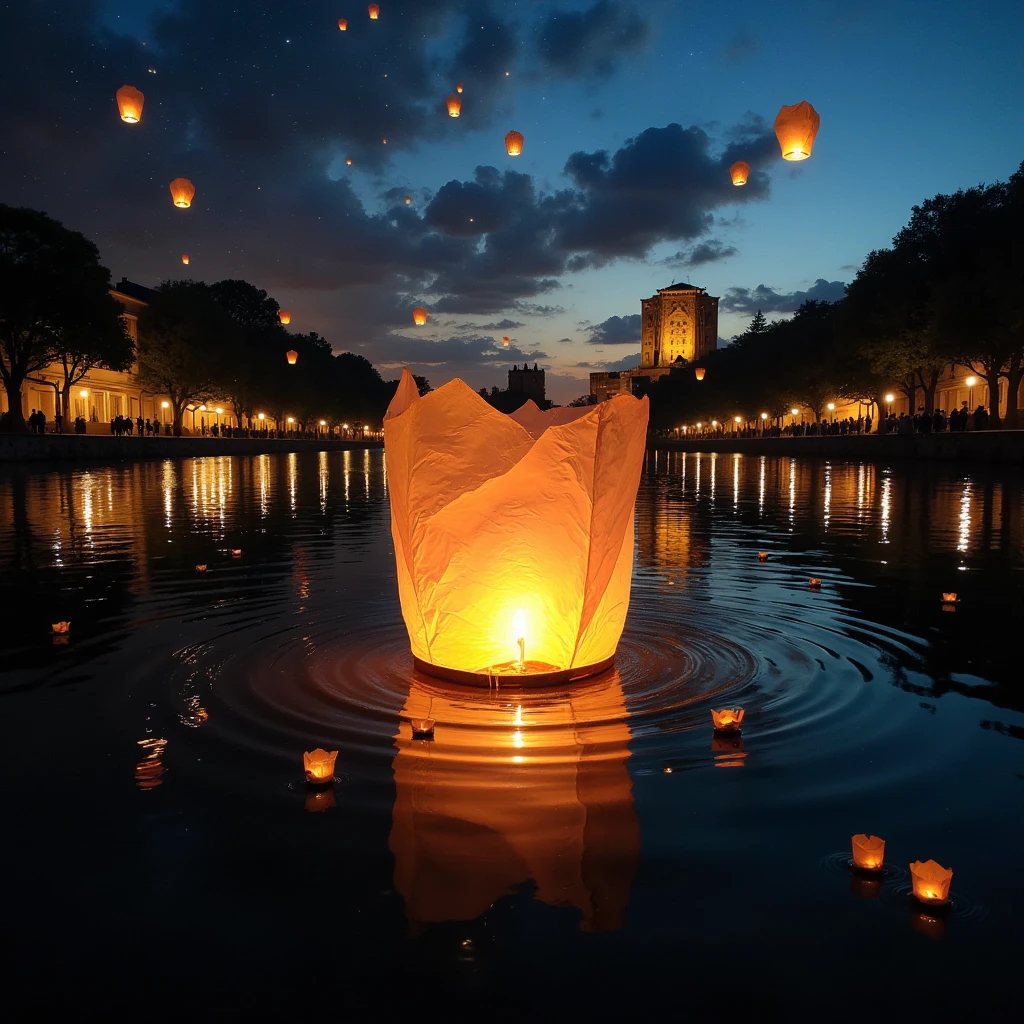 floating paper lanterns in the sky, small lanterns floating down a river, many lanterns floating in the night sky at dusk, lights of the city and lanterns floating in a river, a lone war-damaged building with only a frame left standing in a beautiful cityscape, a war-damaged building frame lit up, people standing by the river offering prayers, a memorial ceremony for fallen soldiers, a festival for peace