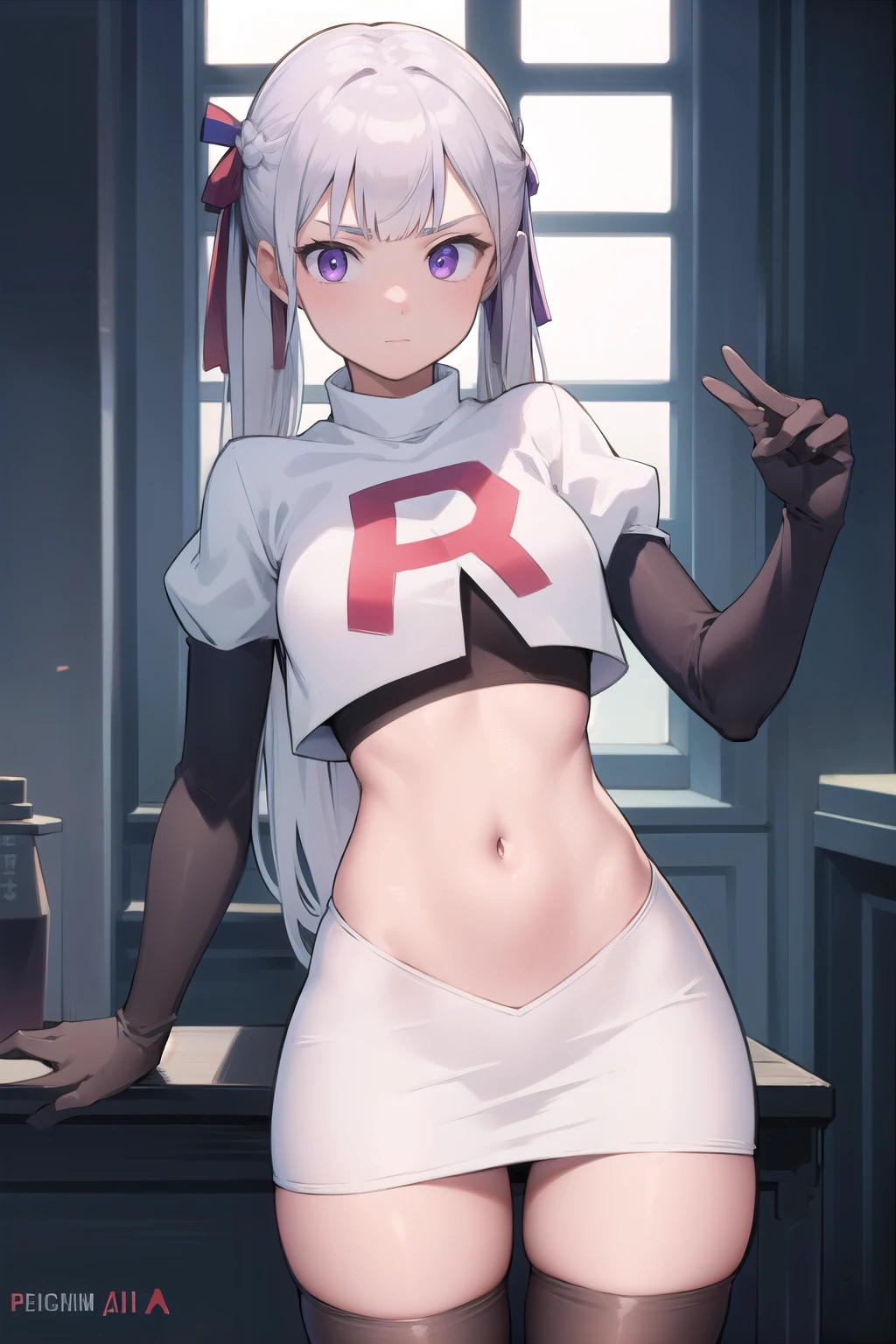 noellesilva, noelle silva, hair ribbon, long hair, (purple eyes:1.1), silver hair, twintails,
BREAK team rocket,team rocket uniform,white skirt,red letter R,crop top,black thigh-highs,black elbow gloves,
BREAK looking at viewer,
BREAK (masterpiece:1.2), best quality, high resolution, unity 8k wallpaper, (illustration:0.8), (beautiful detailed eyes:1.6), extremely detailed face, perfect lighting, extremely detailed CG, (perfect hands, perfect anatomy),