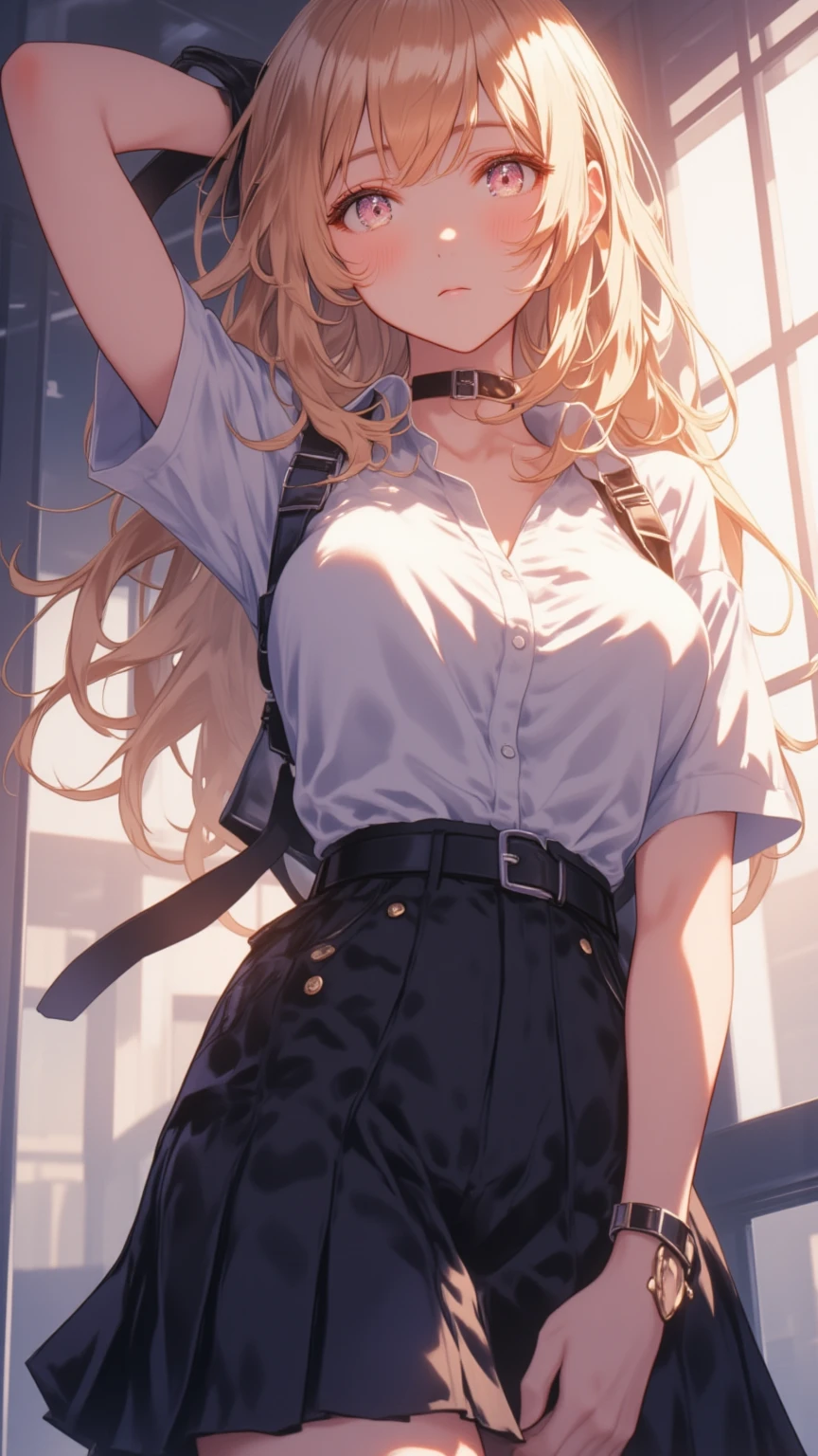 nonomi,1girl,((upper body,from below)),((skirt lift)), spread legs, (panty shot:1.3), smile,white panties,huge breasts,green eyes,light brown hair,long hair,single hair ring,halo,yellow jacket,undressing,(white shirt,Nameplate,pleated skirt:1.3),fingerless gloves,BREAK,top-quality,Top image quality,perfect anatomy,masterpiece,ultra-detailliert,Beautiful,ultra-quality, best quality,high resolution, ultra-detailed,game cg,dutch angle ,beautiful detailed eyes,visualart,five fingers, perfect hands, perfect lighting,