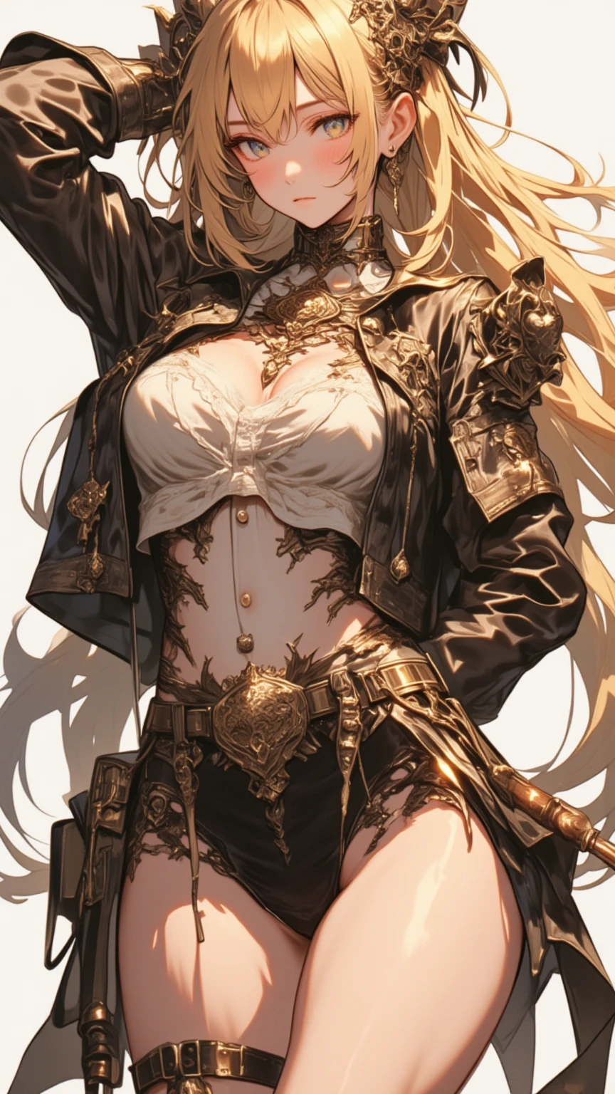 (((mulher))), (((melhor qualidade))), (((obra prima))), (((adulto))), ((( estilo quadrinhos ))), ((( Arte por Adam Hughes ))), A 35-year-old blonde warrior with an athletic body and wearing tiny leather panties, capacete de gladiador, (( sob os peitos )), quase nua no estilo selvagem urbano de Simon Bisley para a capa da revista Heavy Metal, cabelo loiro, ((( tiny leather panties ))), Top with a metallic armor full of thorns over the breasts and arms, Magik de x-men |, Pose sexy, Minimum clothing, black and gold checkerboard pattern, armadura, cheio de pontas e rebites, tatuagem tribal, (((do joelho pra cima))), Arte de Fantasia