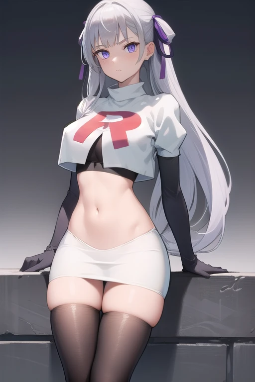 noellesilva, noelle silva, hair ribbon, long hair, (purple eyes:1.1), silver hair, twintails,
BREAK team rocket,team rocket uniform,white skirt,red letter R,crop top,black thigh-highs,black elbow gloves,
BREAK looking at viewer,
BREAK (masterpiece:1.2), best quality, high resolution, unity 8k wallpaper, (illustration:0.8), (beautiful detailed eyes:1.6), extremely detailed face, perfect lighting, extremely detailed CG, (perfect hands, perfect anatomy),