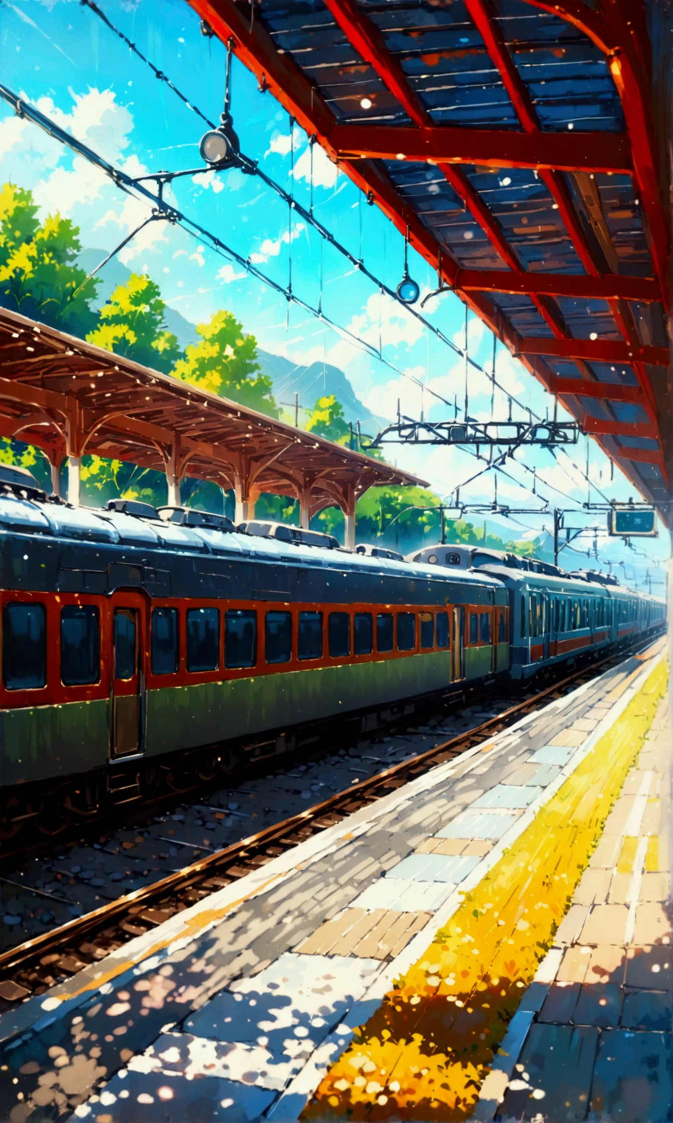 (masterpiece), best quality, train, GHIBSKY style, GHIBSKY style painting, train station, country side, Japan, beautiful weather