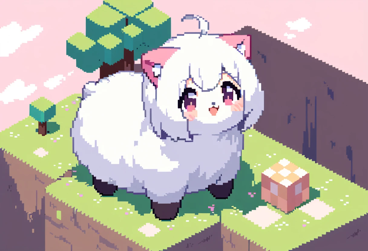 (Masterpiece Best Quality:1.3,  pixel art:1.8,  and Minecraft ,  and Minecraft の世界観, 1girl\Pink fluffy hair\Ram&#39;s horn\Thick eyebrows\ pink dress\ sky blue cardigan\ brown boots , Building a wooden house , grassland, Earth like a block, Voxel:1.3