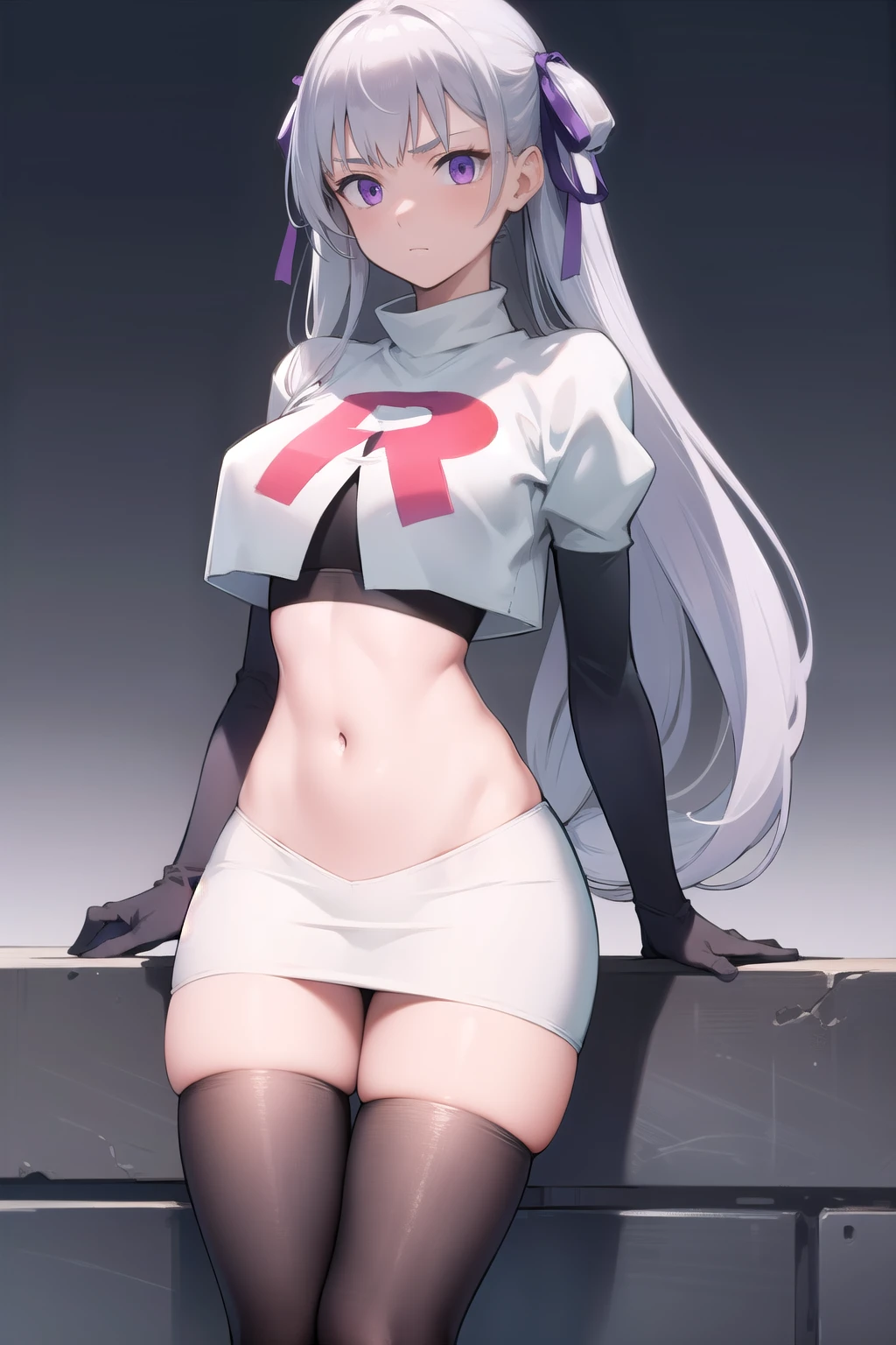 noellesilva, noelle silva, hair ribbon, long hair, (purple eyes:1.1), silver hair, twintails,
BREAK team rocket,team rocket uniform,white skirt,red letter R,crop top,black thigh-highs,black elbow gloves,
BREAK looking at viewer,
BREAK (masterpiece:1.2), best quality, high resolution, unity 8k wallpaper, (illustration:0.8), (beautiful detailed eyes:1.6), extremely detailed face, perfect lighting, extremely detailed CG, (perfect hands, perfect anatomy),