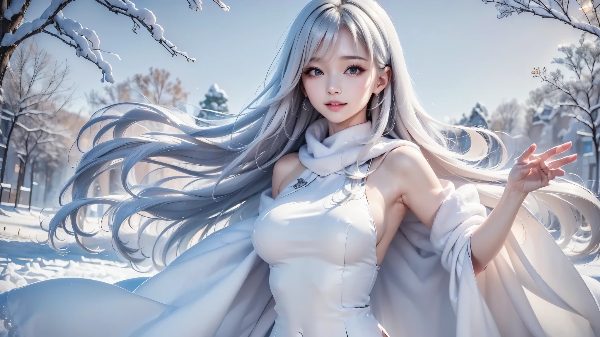 2.8D illustration, ((masterpiece:1.5、8k、Portraiture、フォトリアリスティックでVery detailedなCG、Very detailed、Particle Effects、Dynamic Effects、Shallow depth of field、Cinematic Light、Lens flare、Ray Tracing、Tabletop、Realistic:1.4、Ultra-high resolution:1.2、Realistic、Realistic))((alone、,A woman wearing a cashmere coat:1.4、Elegant woman posing、Detailed face:1.5、aqua eyes、Ample breasts、sideboob, Best Looks、Ultimate beauty、Shiny silver hair with highlights、bright and shiny hair,、Super long, Silky straight hair、Hair dancing in the wind))(morning、The setting is outdoors in the snow、Surrounded by illuminations). winter girl. face:sweet girl.
