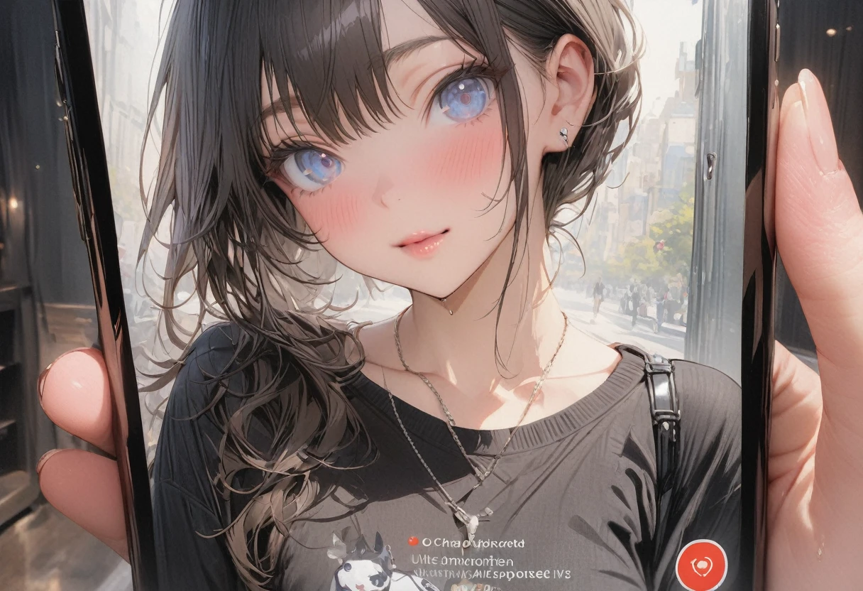 (masterpiece, best quality, ultra detailed, high resolution, detailed facial description), (smartphone:1.2, smartphone app:1.1, A girl seen through a smartphone:1.3), (1 girl:1.3),