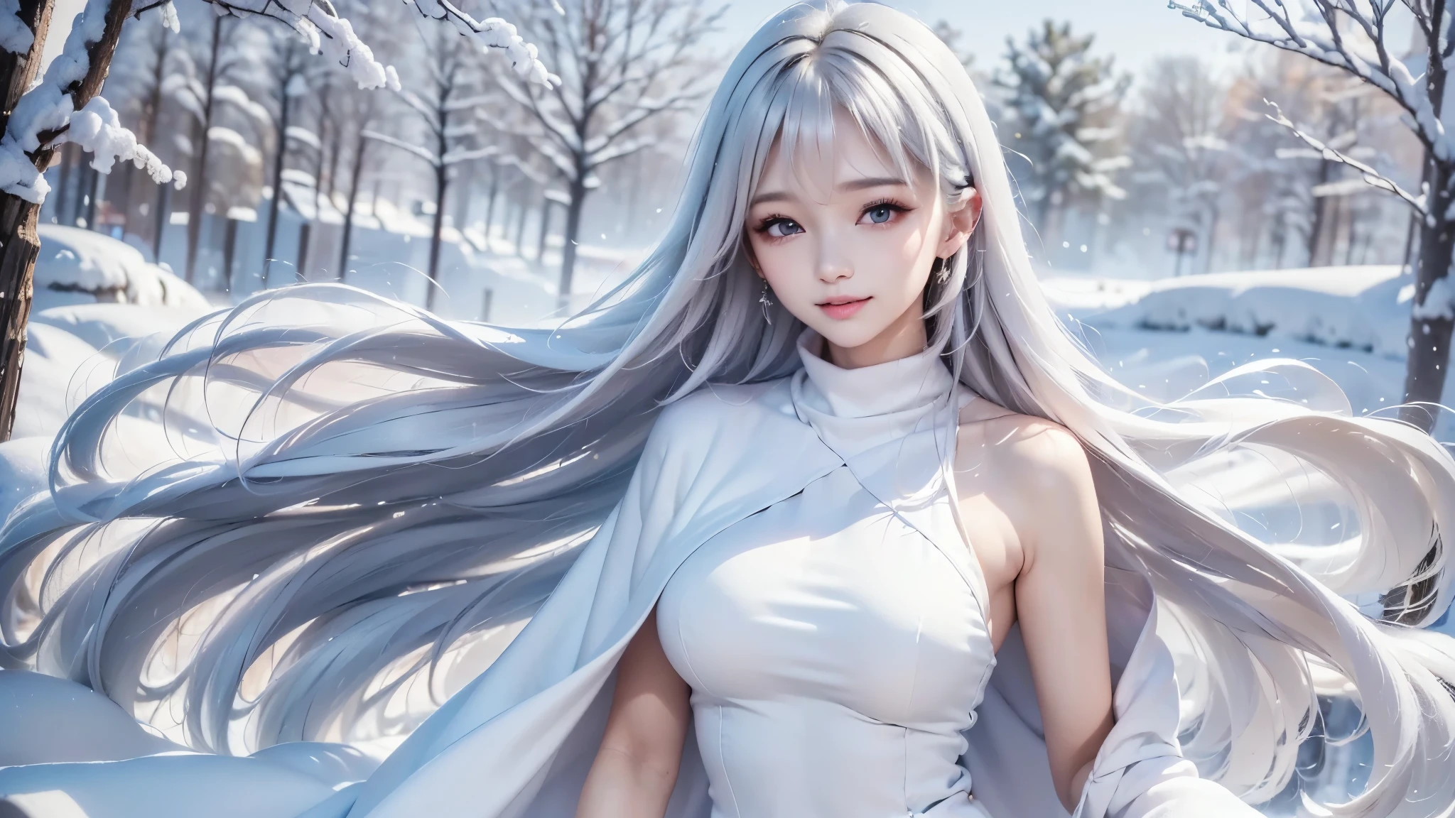 2.8D illustration, ((masterpiece:1.5、8k、Portraiture、フォトリアリスティックでVery detailedなCG、Very detailed、Particle Effects、Dynamic Effects、Shallow depth of field、Cinematic Light、Lens flare、Ray Tracing、Tabletop、Realistic:1.4、Ultra-high resolution:1.2、Realistic、Realistic))((alone、,A woman wearing a cashmere coat:1.4、Elegant woman posing、Detailed face:1.5、aqua eyes、Ample breasts、sideboob, Best Looks、Ultimate beauty、Shiny silver hair with highlights、bright and shiny hair,、Super long, Silky straight hair、Hair dancing in the wind))(morning、The setting is outdoors in the snow、Surrounded by illuminations). winter girl. face:sweet girl.
