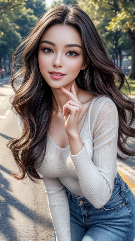 25-year-old woman walking in the park 、 comments&sweater&jeans、 Alafo's Winter Fashion 、 Long Hair with Loose Waves at the ends、Black Hair、Big smile、 walks this way、(a masterpiece portrait of a woman with ultra detailed features, in 8K resolution, with crisp quality and vibrant colors), (from front, half body, look at viewer), (Perfect Makeup、 perfect face、Beautiful forehead、Beautiful clavicle、 pubic skin、 white skin、 anatomically correct hand、Accurate facial depiction、Accurate eye depiction、Accurate finger drawing、 anatomically correct finger with transparent leotard、 Anatomically Correct Legs 、Beautiful eye depiction)、background: Big Park Tree-lined Road on a Clear Day 
