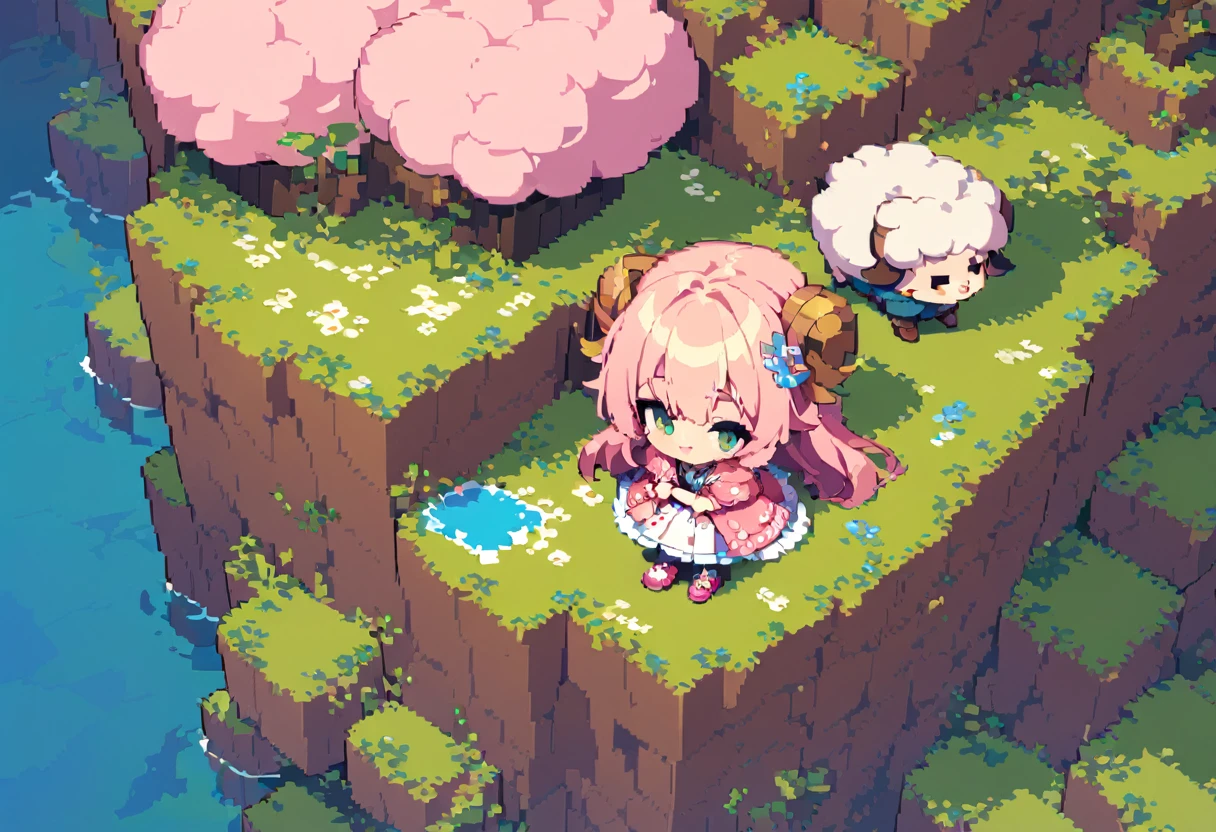 (Masterpiece Best Quality:1.3,  pixel art:1.8,  and Minecraft ,  and Minecraft の世界観, 1girl, Pink fluffy hair, Ram&#39;s horn, Thick eyebrows,  pink dress,  sky blue cardigan,  brown boots , Building a wooden house , grassland, Earth like a block, Voxel:1.3, ((UHD:1.4, high details:1.4,  highres icon, accurate))