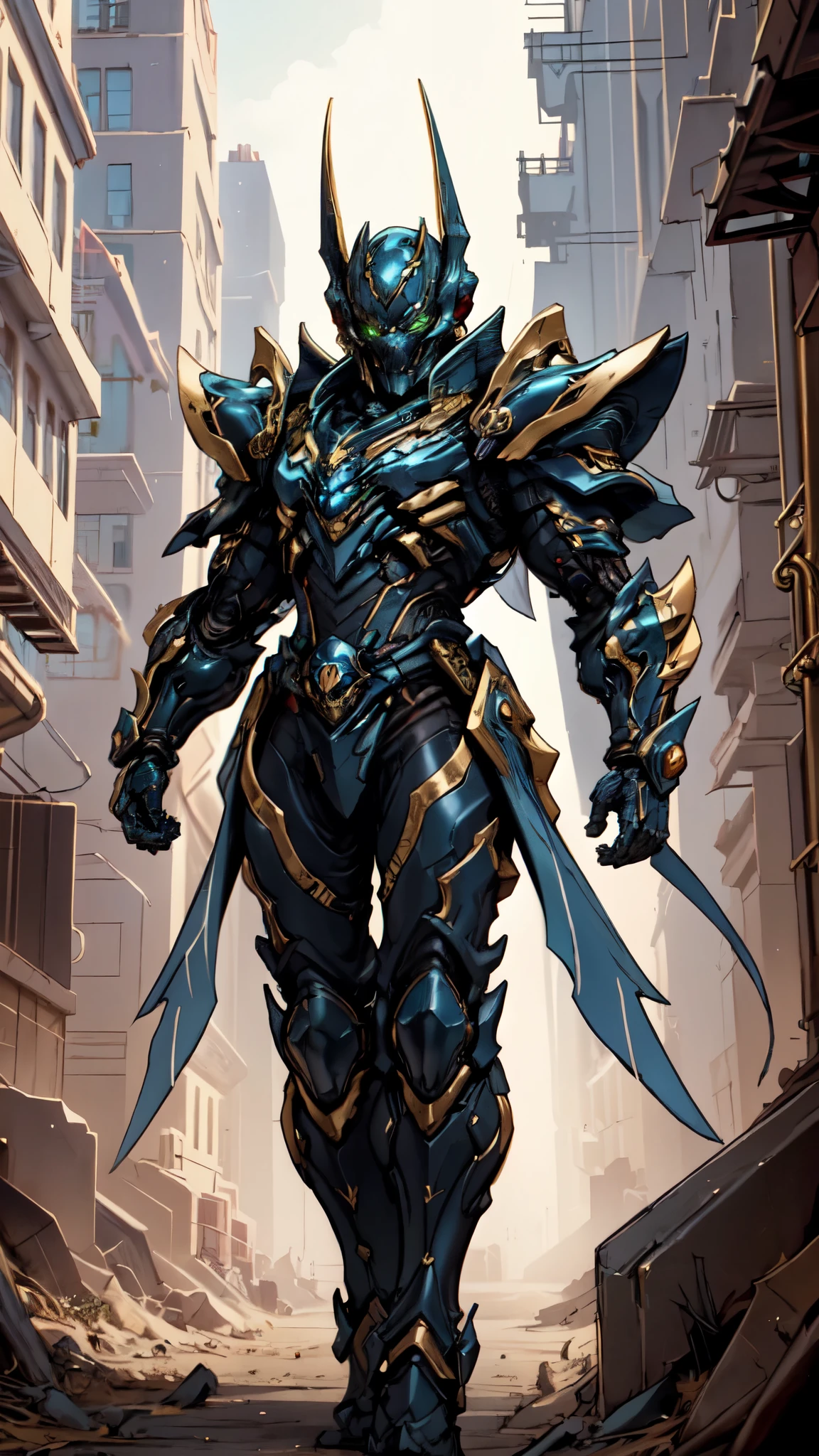 (masterpiece:1.5, best quality:1.5, extremely delicate:1.5), ((male:1.5)), a man wearing a full-face helmet, green eyes, fantasy-style high-tech biomimetic armored combat suit, (a composite layered chest armor), the design balances heavy with agility, fully enclosed shoulder guards, matching arm and leg guards, a belt of gemstone, (the color scheme is primarily White with Blue and Red accents, Organic Biotech, Concept Inspired by Skull, glowing eyes, armor glows, stand of a futuristic sci-fi city), this character embodies a finely crafted fantasy-style armored hero in anime style, exquisite and mature art style, metallic, high definition, highres, ultra-detailed, ultra-fine painting, professional, perfect body proportions, golden ratio, anatomically correct, symmetrical face, extremely detailed eyes and face, high quality eyes, creativity, RAW photo, UHD, 32k, Natural light, cinematic lighting, masterpiece-anatomy-perfect