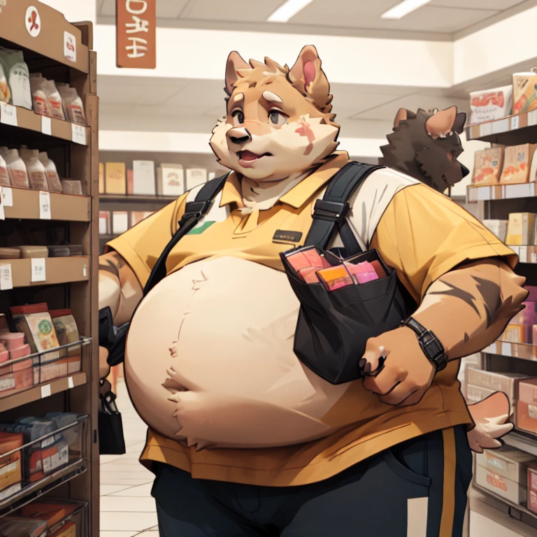 hi-res, good graphics, great anatomy, anatomically correct, detailed body, digital art, wolf, character design, body type: twink/underweight, wearing: nothing, background: supermarket, (artists: syuro, yupa, puggy), NSFW, balls, sheath, character info (age: 8, name: Kevin, fur color: brown and gray)