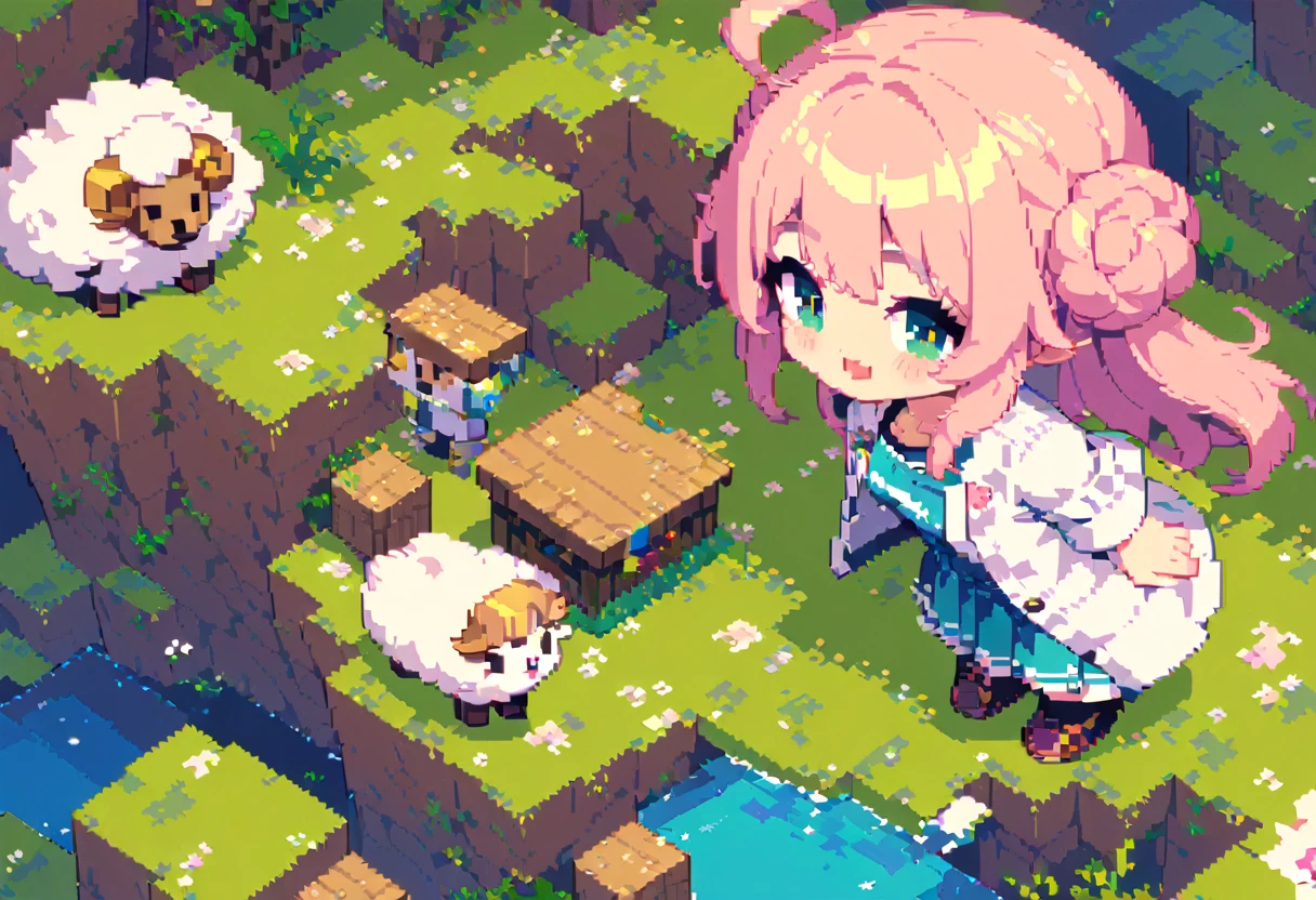 (Masterpiece Best Quality:1.3,  pixel art:1.8,  and Minecraft ,  and Minecraft の世界観, 1girl, Pink fluffy hair, Ram&#39;s horn, Thick eyebrows,  pink dress,  sky blue cardigan,  brown boots , Building a wooden house , grassland, Earth like a block, Voxel:1.3, ((UHD:1.4, high details:1.4,  highres icon, accurate))