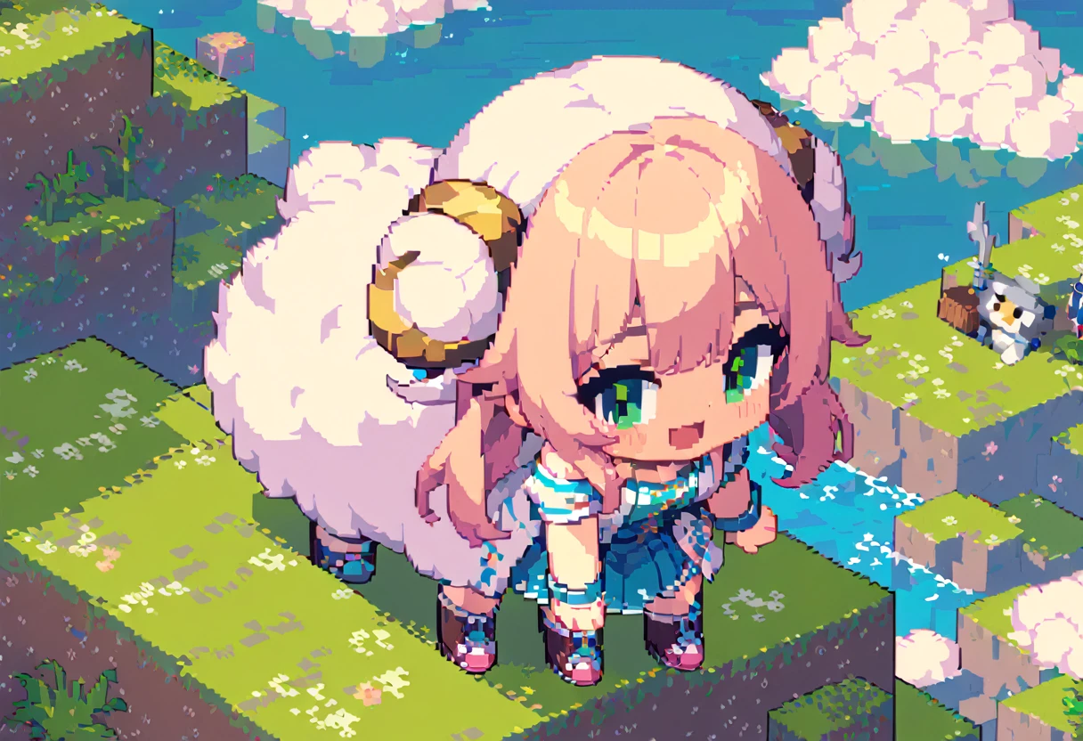 (Masterpiece Best Quality:1.3,  pixel art:1.8,  and Minecraft ,  and Minecraft の世界観, ((1girl\Pink fluffy hair\Ram&#39;s horn\Thick eyebrows\ pink dress\ sky blue cardigan\ brown boots )), Building a wooden house , grassland, Earth like a block, Voxel:1.3, ((UHD:1.4, high details:1.4,  highres icon, accurate))
