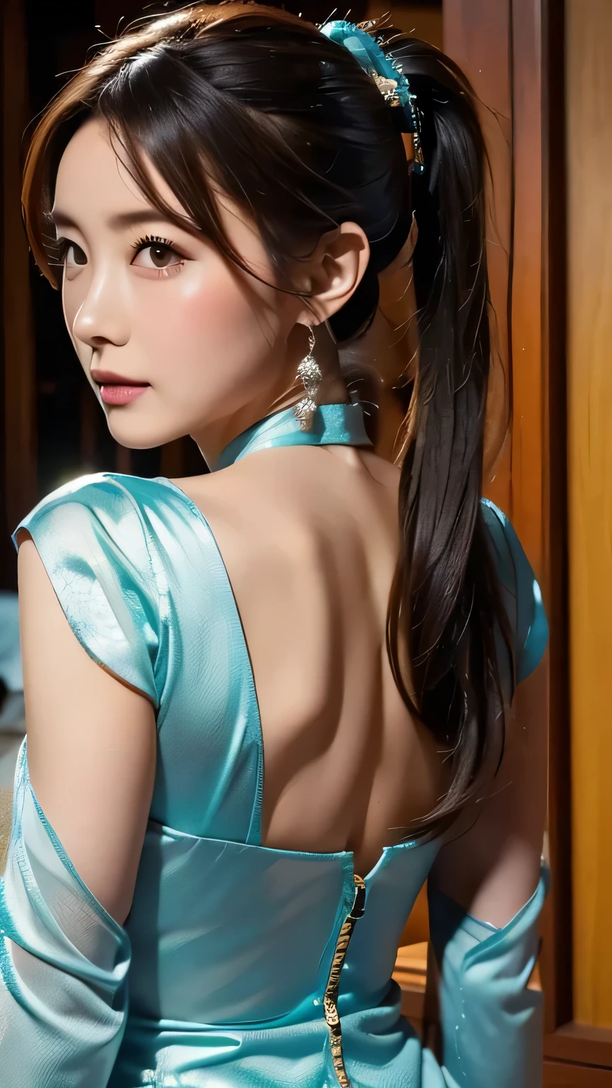  high quality,8k, Hi-Res,woman,1 Personality,Realistic texture,( Fantasy),( China dress on the background),(3 ),( ponytails),(),,