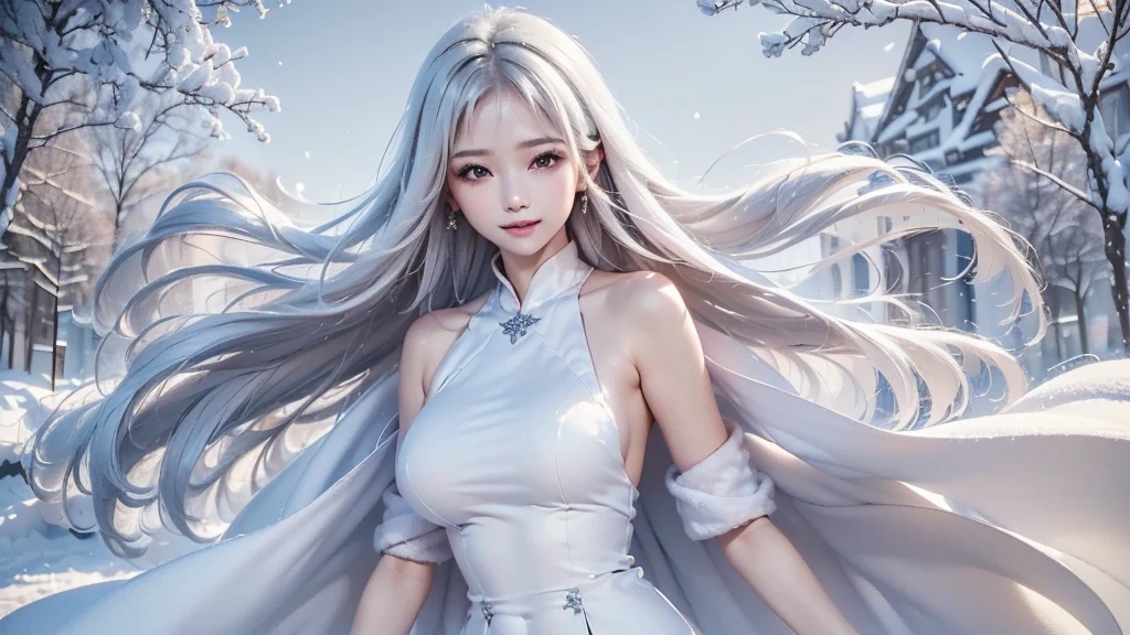 2.8D illustration, ((masterpiece:1.5、8k、Portraiture、フォトリアリスティックでVery detailedなCG、Very detailed、Particle Effects、Dynamic Effects、Shallow depth of field、Cinematic Light、Lens flare、Ray Tracing、Tabletop、Realistic:1.4、Ultra-high resolution:1.2、Realistic、Realistic))((alone、,A woman wearing a cashmere coat:1.4、Elegant woman posing、Detailed face:1.5、aqua eyes、Ample breasts、sideboob, Best Looks、Ultimate beauty、Shiny silver hair with highlights、bright and shiny hair,、Super long, Silky straight hair、Hair dancing in the wind))(morning、The setting is outdoors in the snow、Surrounded by illuminations). winter girl. face:sweet girl.
