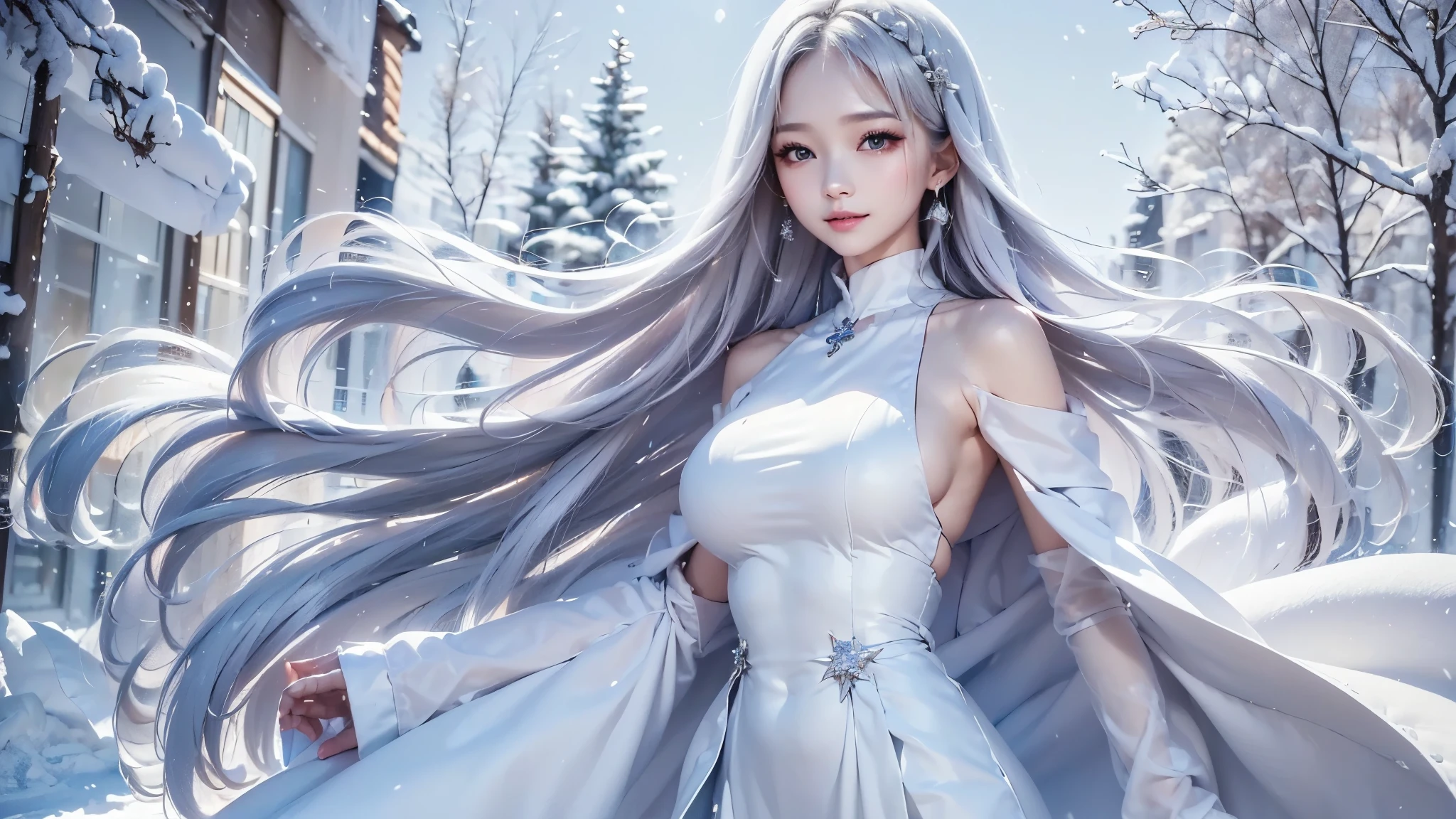 2.8D illustration, ((masterpiece:1.5、8k、Portraiture、フォトリアリスティックでVery detailedなCG、Very detailed、Particle Effects、Dynamic Effects、Shallow depth of field、Cinematic Light、Lens flare、Ray Tracing、Tabletop、Realistic:1.4、Ultra-high resolution:1.2、Realistic、Realistic))((alone、,A woman wearing a cashmere coat:1.4、Elegant woman posing、Detailed face:1.5、aqua eyes、Ample breasts、sideboob, Best Looks、Ultimate beauty、Shiny silver hair with highlights、bright and shiny hair,、Super long, Silky straight hair、Hair dancing in the wind))(morning、The setting is outdoors in the snow、Surrounded by illuminations). winter girl. face:sweet girl.
