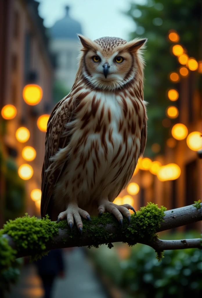 ((masterpiece)) ((photography)) ((Highest quality)) Ultra-detailed illustration in sharp focus of a beautiful scene featuring a majestic owl perched on a moss-covered branch. The setting is a serene forest at dusk, with soft rays of golden light filtering through the trees, casting a gentle glow on the owl’s feathers. The owl’s sharp, intense eyes gaze directly ahead, capturing its wise and mystical aura. The background is filled with lush greenery and subtle mist, adding an ethereal ambiance to the scene. The level of detail highlights each feather and the owl’s textured, earthy tones.