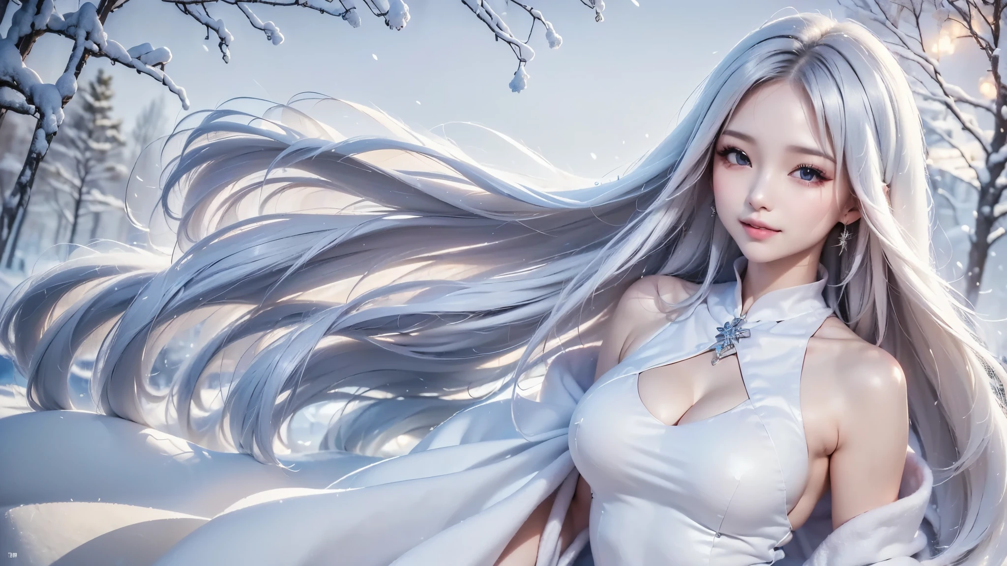 2.8D illustration, ((masterpiece:1.5、8k、Portraiture、フォトリアリスティックでVery detailedなCG、Very detailed、Particle Effects、Dynamic Effects、Shallow depth of field、Cinematic Light、Lens flare、Ray Tracing、Tabletop、Realistic:1.4、Ultra-high resolution:1.2、Realistic、Realistic))((alone、,A woman wearing a cashmere coat:1.4、Elegant woman posing、Detailed face:1.5、aqua eyes、Ample breasts、sideboob, Best Looks、Ultimate beauty、Shiny silver hair with highlights、bright and shiny hair,、Super long, Silky straight hair、Hair dancing in the wind))(morning、The setting is outdoors in the snow、Surrounded by illuminations). winter girl. face:sweet girl.
