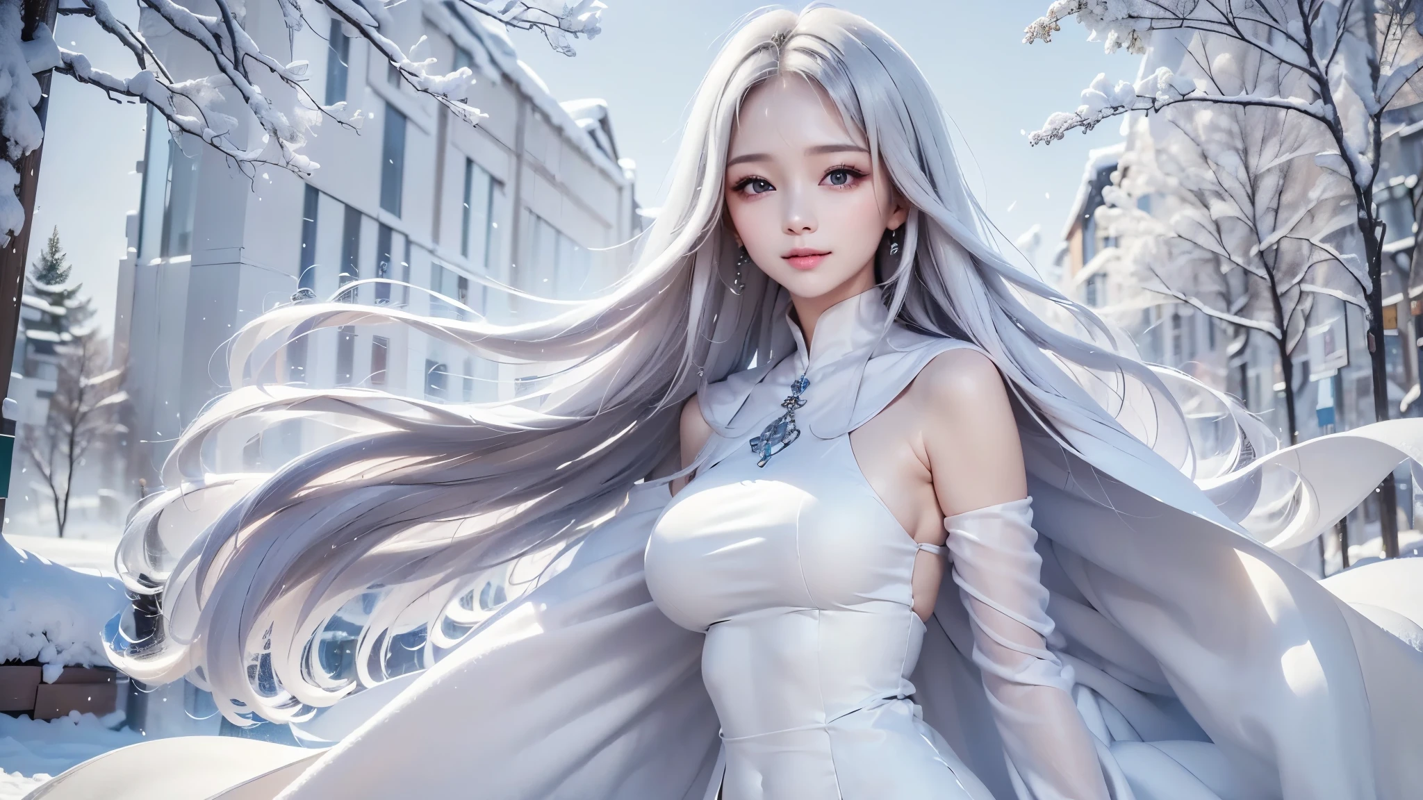 2.8D illustration, ((masterpiece:1.5、8k、Portraiture、フォトリアリスティックでVery detailedなCG、Very detailed、Particle Effects、Dynamic Effects、Shallow depth of field、Cinematic Light、Lens flare、Ray Tracing、Tabletop、Realistic:1.4、Ultra-high resolution:1.2、Realistic、Realistic))((alone、,A woman wearing a cashmere coat:1.4、Elegant woman posing、Detailed face:1.5、aqua eyes、Ample breasts、sideboob, Best Looks、Ultimate beauty、Shiny silver hair with highlights、bright and shiny hair,、Super long, Silky straight hair、Hair dancing in the wind))(morning、The setting is outdoors in the snow、Surrounded by illuminations). winter girl. face:sweet girl.
