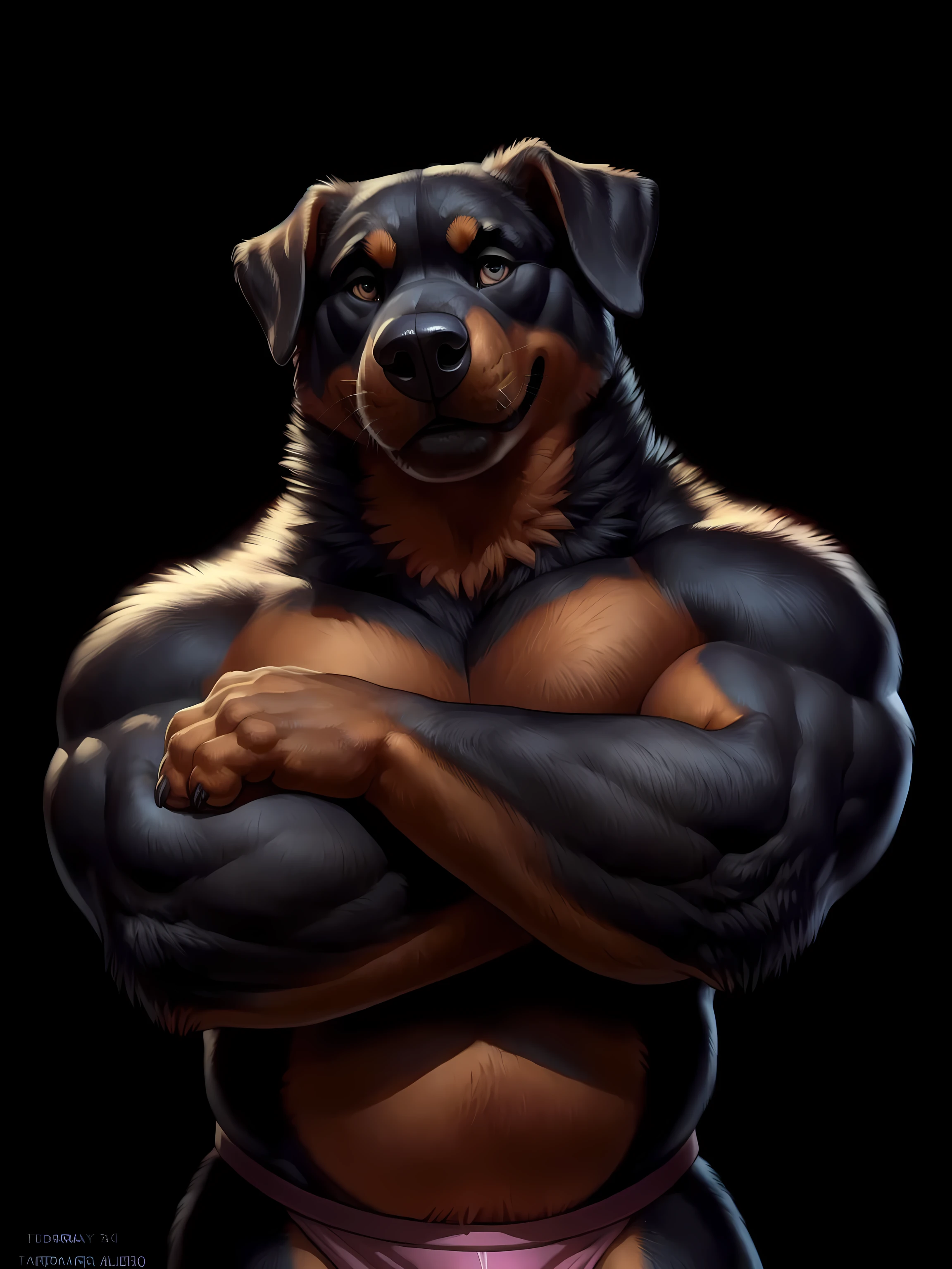 rottweiler, Rottweiler_Anthro, high quality, best resolution, posted on e621, male, adult, older male, solo, masculine, very muscular:1.4, heavyweight body:1.3, (big pecs, large pectorals):1.2, biceps, lats, anthro body, (black background, gradient background):1.4, half body:1.1, upper body, posing, by taran fiddler, by blotch, by virtyalfobo, by raccoon21, detailed eyes, correct muscles, correct anatomy, soft colors, soft shading, handsome, confident, proud, strong, posing for camera, wearing speedos, small gut, half body, bare torso