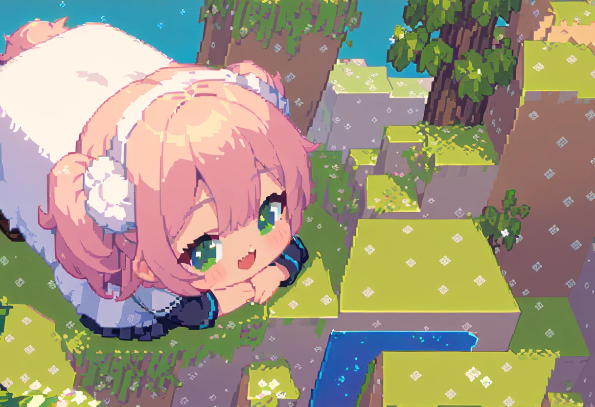 (Masterpiece Best Quality:1.3,  pixel art:1.8,  and Minecraft ,  and Minecraft の世界観, ((1girl\Pink fluffy hair\Ram&#39;s horn\Thick eyebrows\ pink dress\ sky blue cardigan\ brown boots )), Building a wooden house , grassland, Earth like a block, Voxel:1.3, ((UHD:1.4, high details:1.4,  highres icon, accurate))
