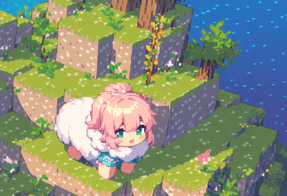 (Masterpiece Best Quality:1.3,  pixel art:1.8,  and Minecraft ,  and Minecraft の世界観, ((1girl\Pink fluffy hair\Ram&#39;s horn\Thick eyebrows\ pink dress\ sky blue cardigan\ brown boots )), Building a wooden house , grassland, Earth like a block, Voxel:1.3, ((UHD:1.4, high details:1.4,  highres icon, accurate))
