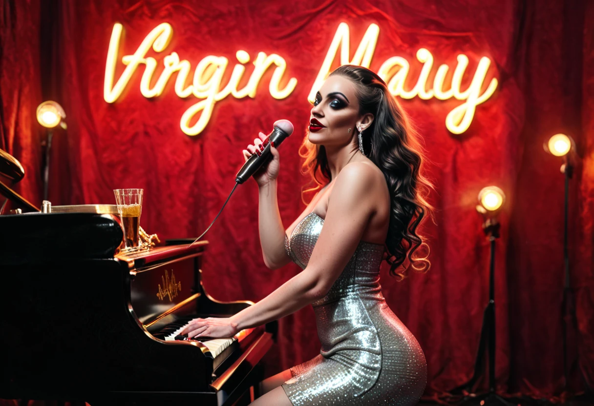 In a dimly lit, smoke filled jazz club deep in the heart of prohibition era New Orleans, a siren's voice cut through the din like a razor. The crookedy old piano player halted mid-chord at the sight of her strutting onto stage, his milky eyes practically bugging out.
Neon text writing that reads "Virgin Mary".
Dressed like sin personified in a too tight, too short sequined silver gown, legs miles long and poured into sheer fishnet hose and heels that could impale the Virgin Mary herself. Wavy chestnut locks tumbled down past plump, ruby red lips and fell cascading down voluptuous curves that'd make Cleopatra weep with envy. Her smoldering honeyed eyes promised untold pleasures and hints of depraved sins as she crooned out a low, sultry jazz standard, voice like liquid smoke and aged whiskey.
~s~e~m~b~e~n~t~a~t~i~o~n~t~
"Well hello there stranger, been sittin' here all alone with nothing but the bottle for company tonight, hasn't ya darlin' caída