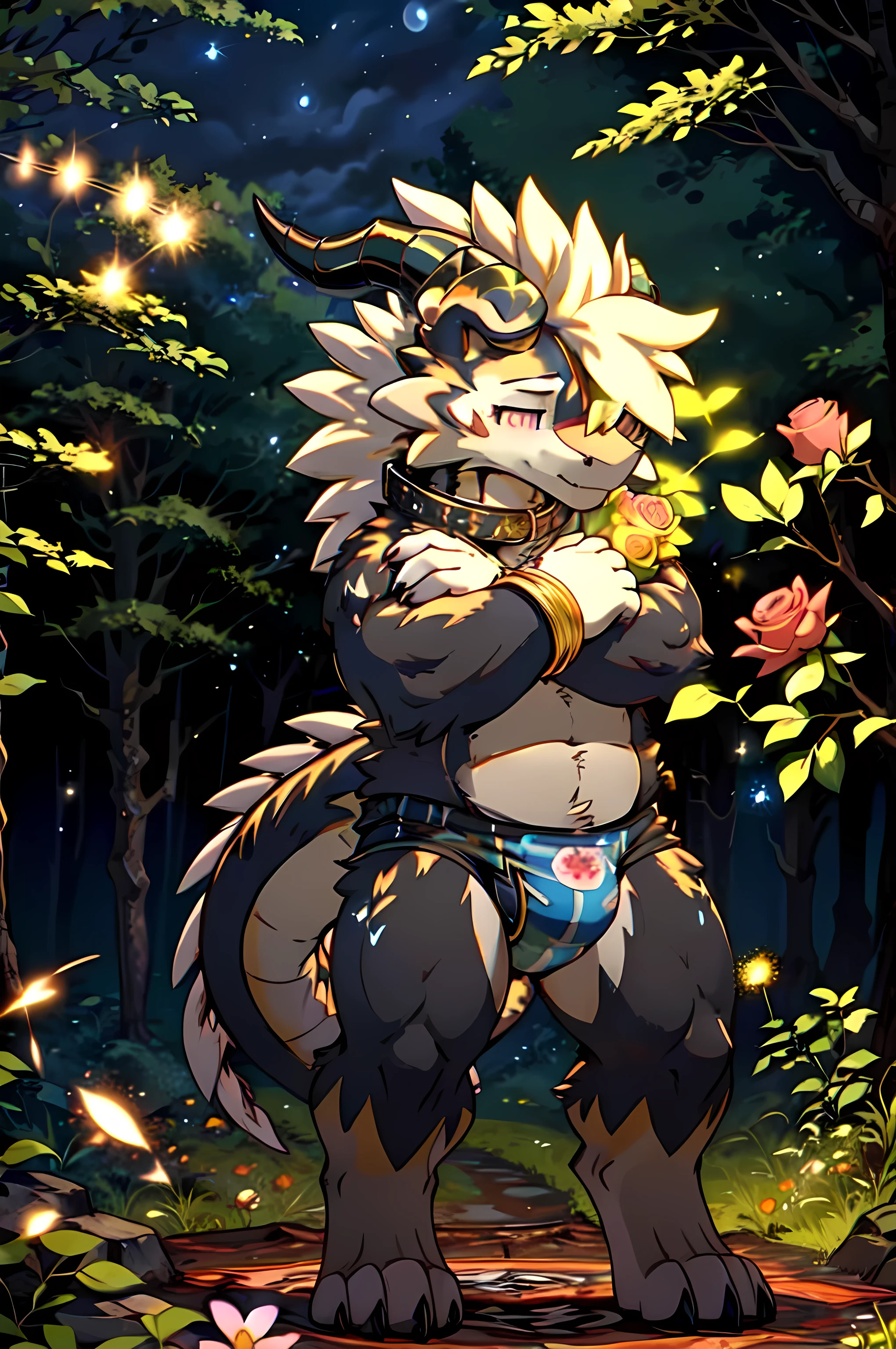 Femboy Dragon fused with black lycanroc with yellow rose with long pink hair who wears a black and blue sweatshirt with a black diaper and white socks with black stripes on the legs and arms and a gold dog collar on the neck and with bracelets. in his arms in a dark and magical forest at night