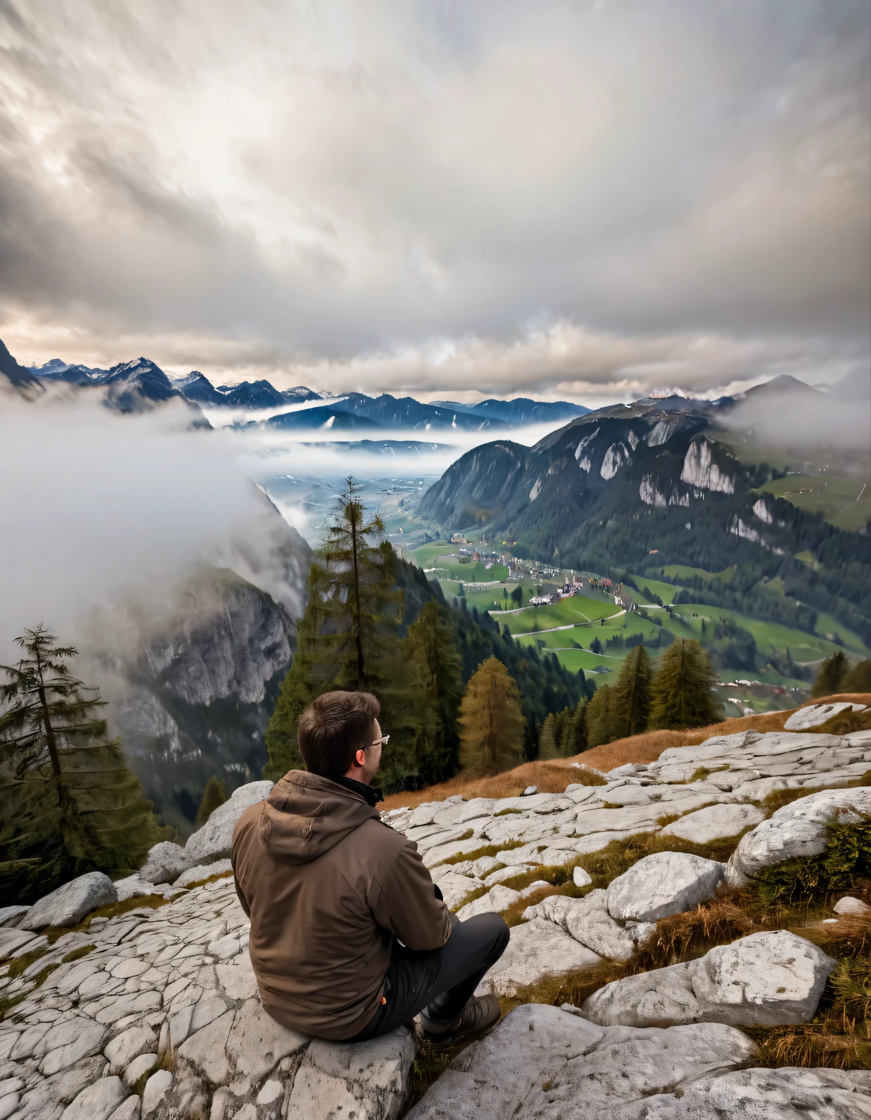 man is sitting on a stone and is looking from a mountain top to the valley, you can not see the persons face, the person wears professional hiker and outdoor outfit, the person has short dark brown hair and wears black glasses, the person is sporty, you see the person from behind, in the valley it is very foggy and misty, perfect shadows, perfect detailed backgrounds, daylight, austria, 8k, very textured, very detailed, (best quality, 4K, 8k, highres), ultra-detailed, Studio lighting, extremely detailed, warm shades, (ultra clarity), Top quality , detailed backgrounds, very detailed trees and mountains, unedited photo, HDR, hyper realistic, lifelike texture