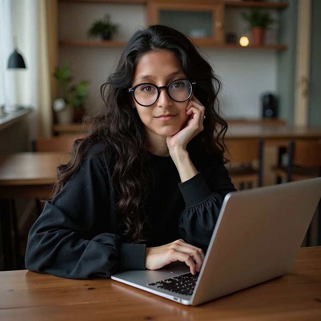 A young woman with long black hair is sitting in a cafe, trabalhando em seu laptop. She is wearing a pair of blue acetate glasses, com molduras elegantes e delicadas. The glasses are comfortable and light, e se adapta perfeitamente ao rosto de uma mulher. They are made from a durable material that can withstand daily use. Glasses lenses are large and round, e fornecer claro, Clear vision. Woman is wearing glasses to protect her eyes from computer light, foto em close-up.