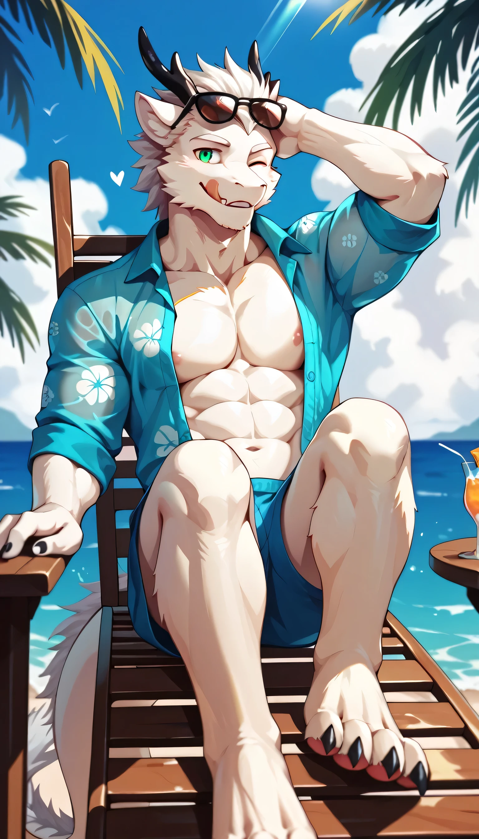 ChenHu, solo, tiger, (light orange fur), blue eyes, (white hair, short hair), (black eye patch, cover one eye, cover right eye), (detailed face, detailed eyes, detailed), mature male, muscular male, masterpiece, best quality, sitting, sea, beach, lying on chair, black shorts, (both hands behind head), pink nipple, <lora:Chen Hu:1>