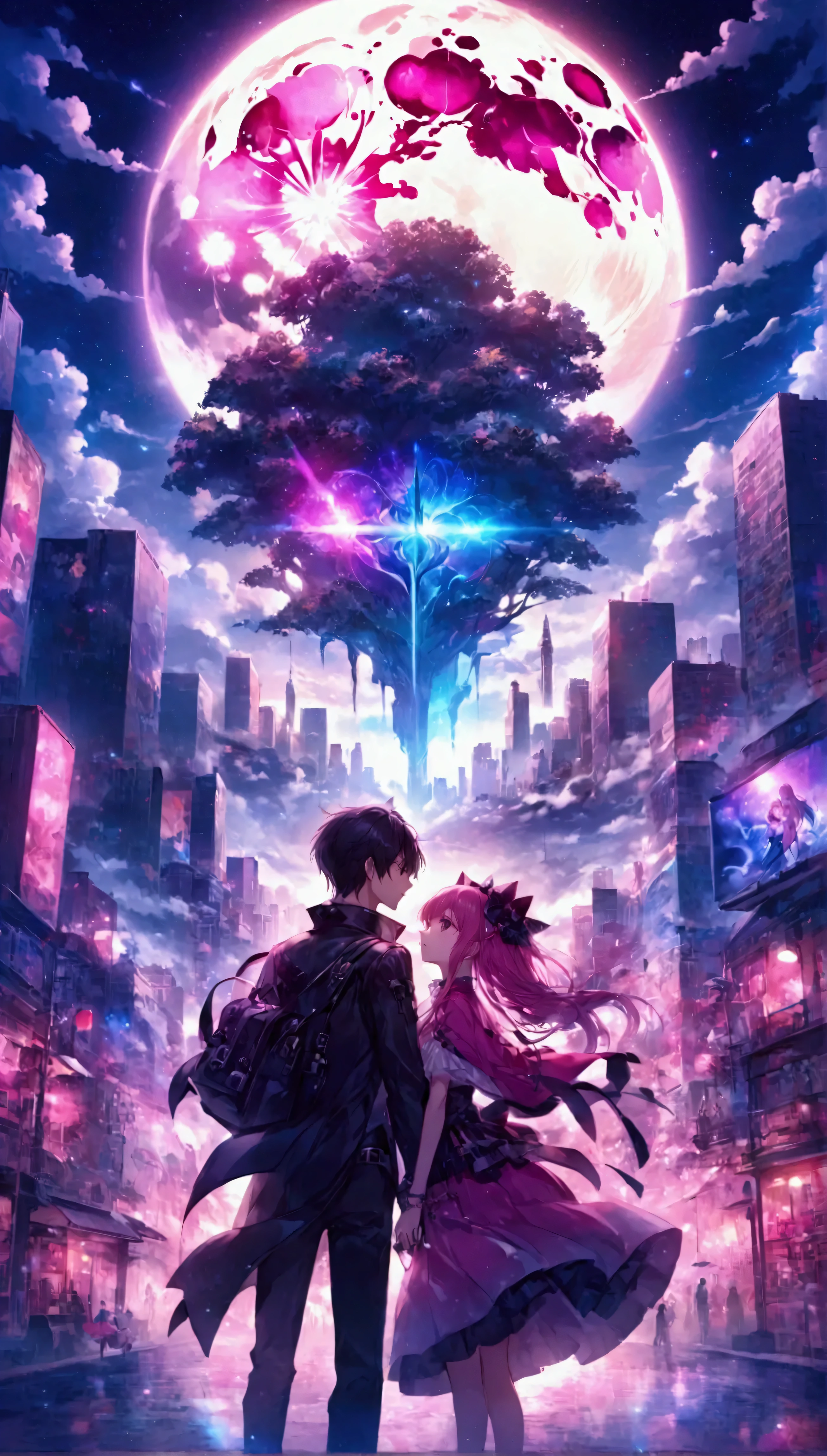   Anime couple in the city on the night of the full moon、beautiful fantasy anime、Epic Light Novel Cover、 anime fantasy art 、  Dream Punk Romanticism Artwork  、Epic Light Novel Cover、アニメkey art、key art、2。5 d CGI anime fantasy art 、 anime art wallpaper 4k 、 anime art wallpaper 4k 、 8k anime wallpaper 、Visual Key