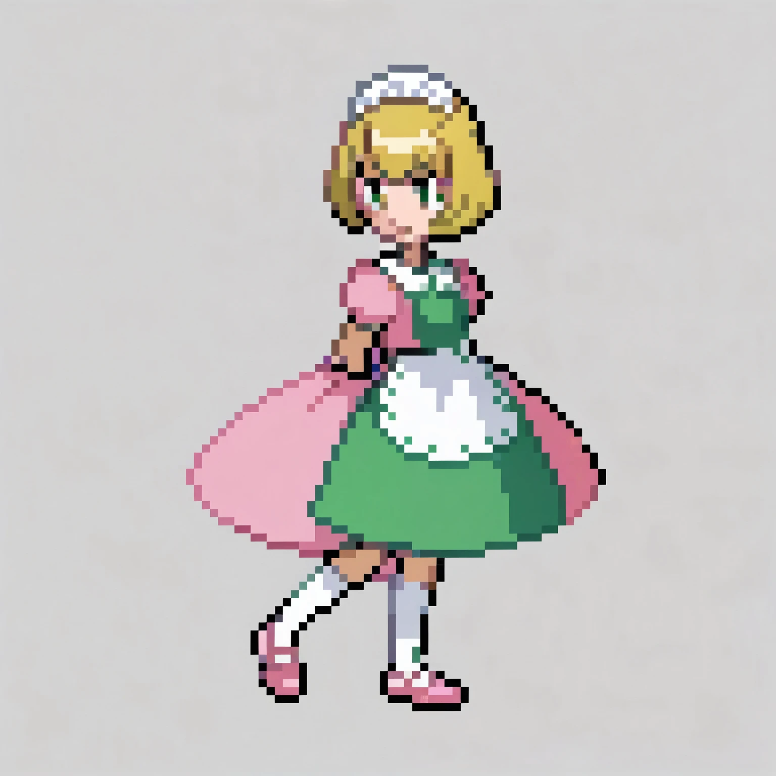 (white background:1.4),simple background,<lora:pixel_f2:0.5>,pixel,pixel art, 1girl,serena \(pokemon\), short hair, blonde hair, blue eyes, eyelashes, black choker, hair bow, dress, collarbone, white gloves, brown pantyhose, red shoes, solo, standing <lora:Serena:1>