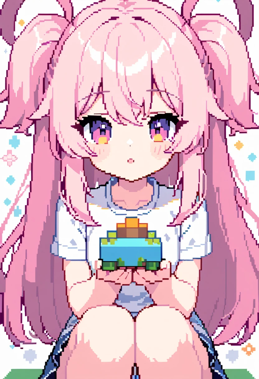 (Masterpiece Best Quality:1.3,  pixel art:1.8,  and Minecraft ,  and Minecraft の世界観, 1girl, Pink fluffy hair, Ram&#39;s horn, Thick eyebrows,  pink dress,  sky blue cardigan,  brown boots , Building a wooden house , grassland, Earth like a block, Voxel:1.3, ((UHD:1.4, high details:1.4,  highres icon, accurate))