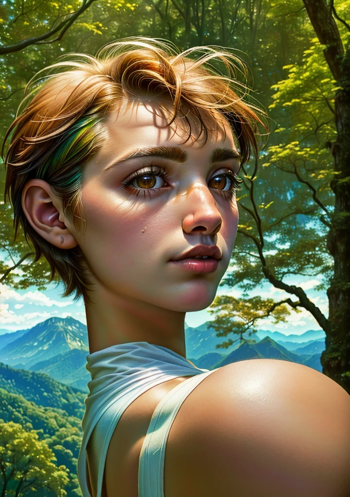 forest, Rio, mountains, ((Close-up of a dog with very short hair.  she is an SRD but has a color like a German shepherd, with a white spot on the breast )), beautiful natural landscape, arte de Tony Sart e artgerm e randy vargas, Carlos Kopinski 