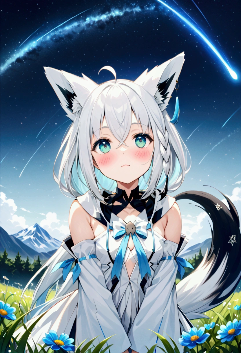  High image quality 、masterpiece、   high quality、Full HD、4K、 over half of the screen at night、 draw one girl 、View from the side、Pointing to the sky、 Shirakami Fubuki、 long gray hair 、 blue eyes、Fox Ears、 white idol clothes、 flat chest、tail、 Blushing cheeks 、 looking up at the sky 、Blue Flower Field、 sitting on the ground、 shooting stars