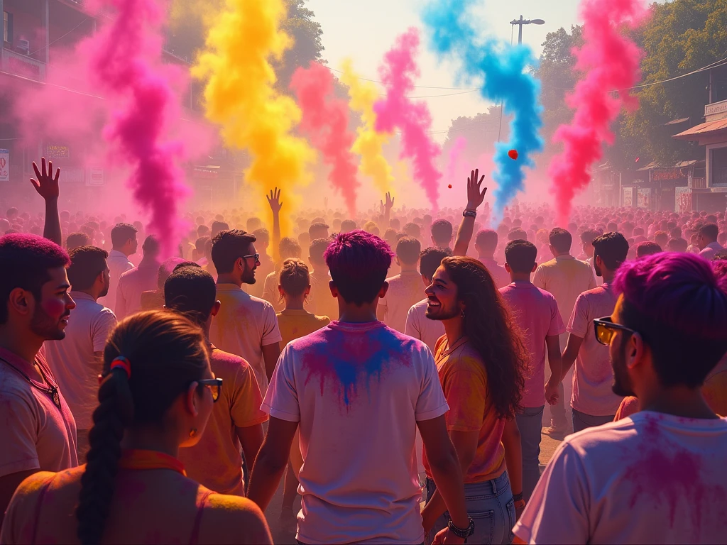(melhor qualidade,Altas:1.2),fotorrealista, palco de show em uma praia,Festival do dia Holi,colorful smoke,ultra-detalhado