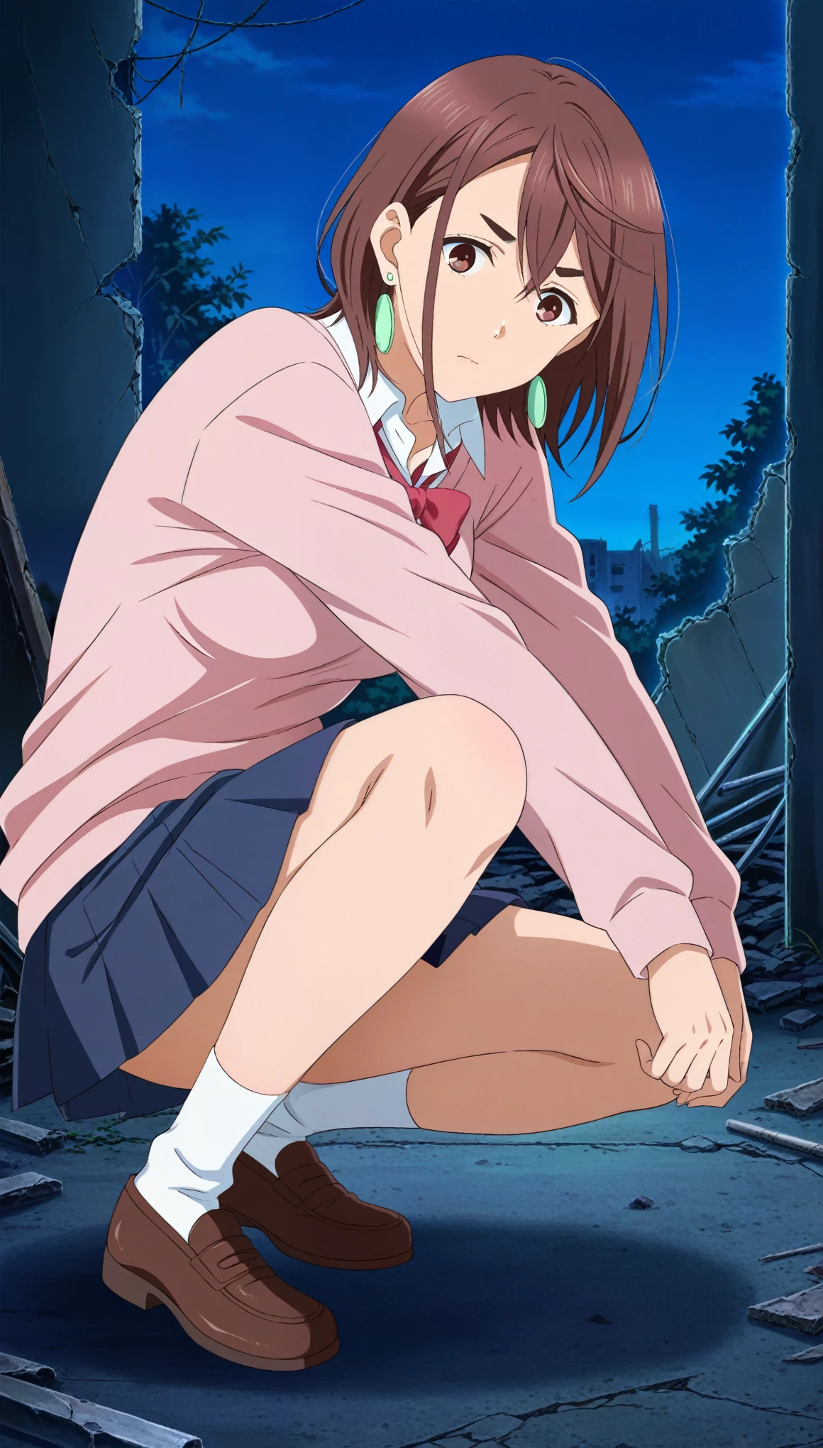 score_9, score_8_up, score_7_up, score_6_up, score_5_up, score_4_up, BREAK Source_anime, Momo Ayase, short hair, brown hair, brown eyes, bangs, thick eyebrows, medium breasts, skirt, school uniform, pleated skirt, shoes, socks, loafers, sweater vest, pink sweater, shirt, white shirt, collared shirt, earrings, green earrings, night, ruins