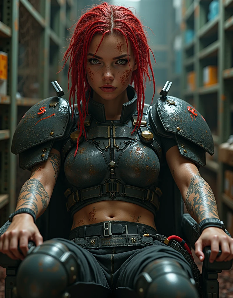  Beautiful hyperrealistic photo of a cute young Swedish woman with runic tattoos, ((dirty face,  blood-splattered )), ((( wearing full heavy mechanical armor , Combat harness,  neon highlights ))) Short red dreadlocks, (((sitting in a chair pose ))),  interior of a military facility background , Camouflage Net,  Ammunition boxes abstract beauty , Almost perfect, Pure Form, golden ratio, concept art,  Brian Froud and Carne Griffiths and Vadim Kashin ,  Complex Details , post production 8k,  high definition, super detail,  trends on ArtStation ,  clear focus ,  studio photos ,  Complex Details ,  very detailed ,  Greg Rutkowski 