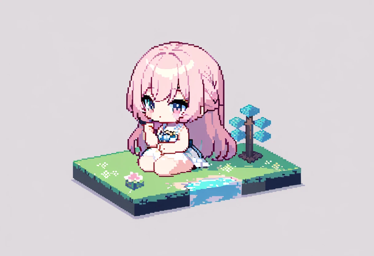 (Masterpiece Best Quality:1.3,  pixel art:1.8,  and Minecraft ,  and Minecraft の世界観, 1girl, Pink fluffy hair, Ram&#39;s horn, Thick eyebrows,  pink dress,  sky blue cardigan,  brown boots , Building a wooden house , grassland, Earth like a block, Voxel:1.3, ((UHD:1.4, high details:1.4,  highres icon, accurate))